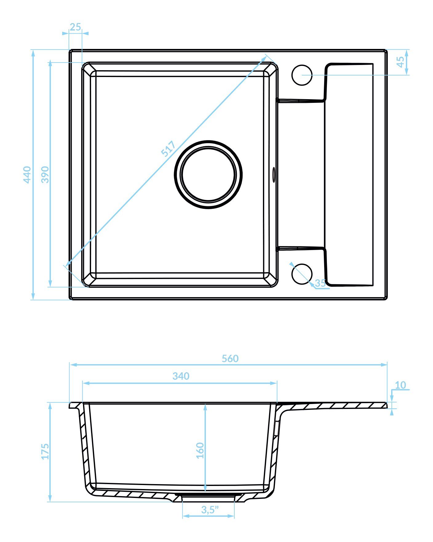 Einzelbecken KOLMAN Küchenspüle cm, Schwarz RAB mit 44x56 Siphon in 44/16 in Granitspüle Schwarz, Schwarz, Rechteckig,