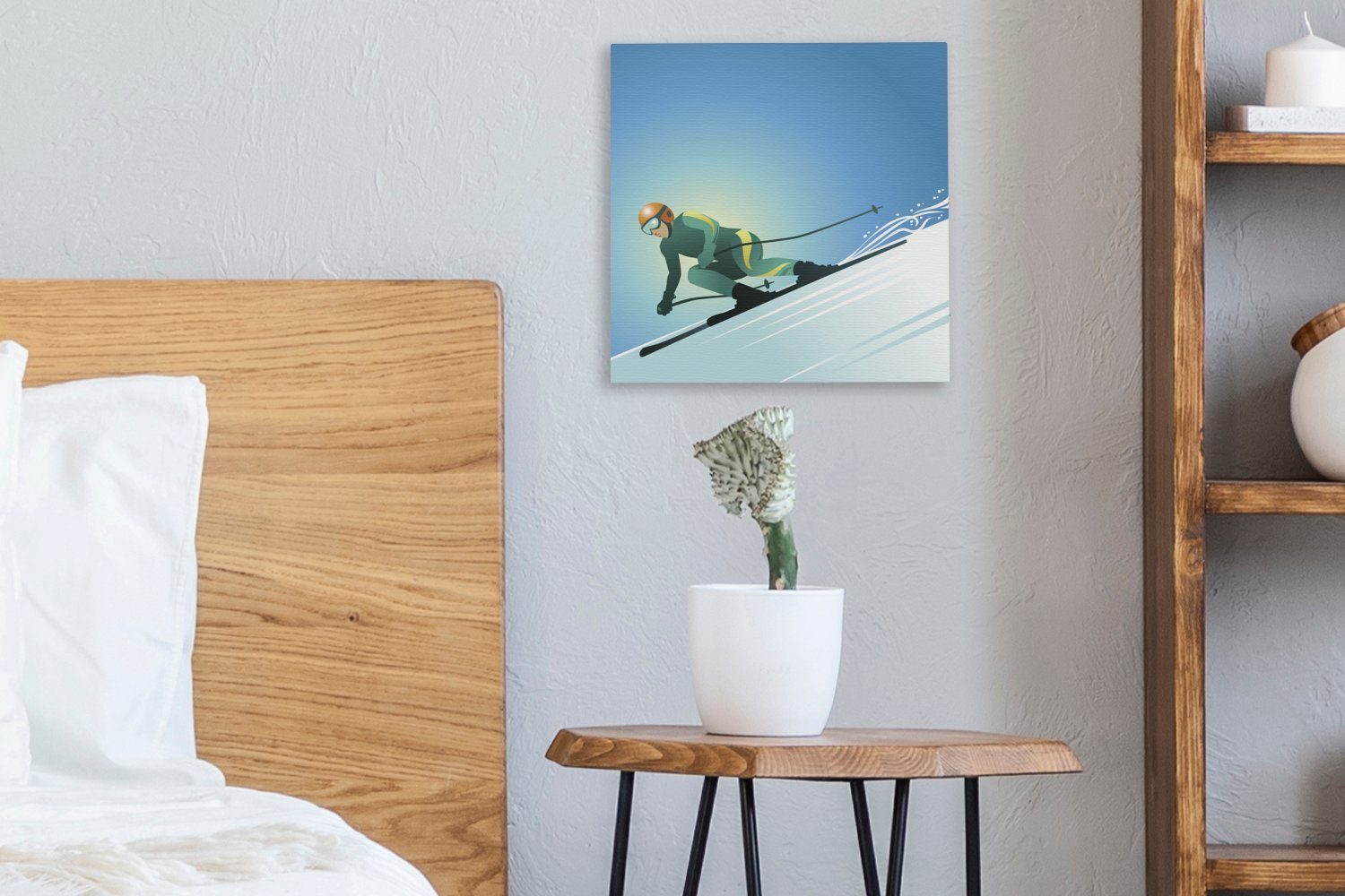 einer OneMillionCanvasses® Illustration Wohnzimmer steilen Bilder eines auf (1 Schlafzimmer Piste, Leinwandbild St), Leinwand für Skifahrers