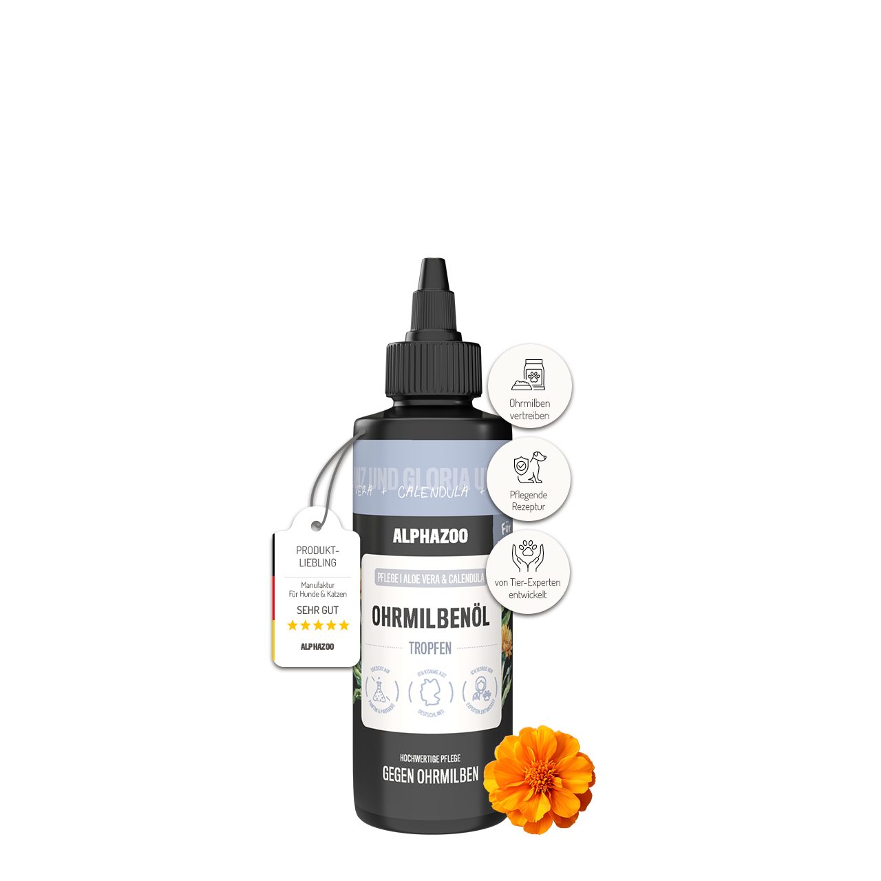 ALPHAZOO Ohrenreiniger Anti Ohrmilbenöl 100ml I Hunde, 1-tlg., Ohrenpflege, effektiv gegen Ohrmilben, Milben im Ohr bekämpfen
