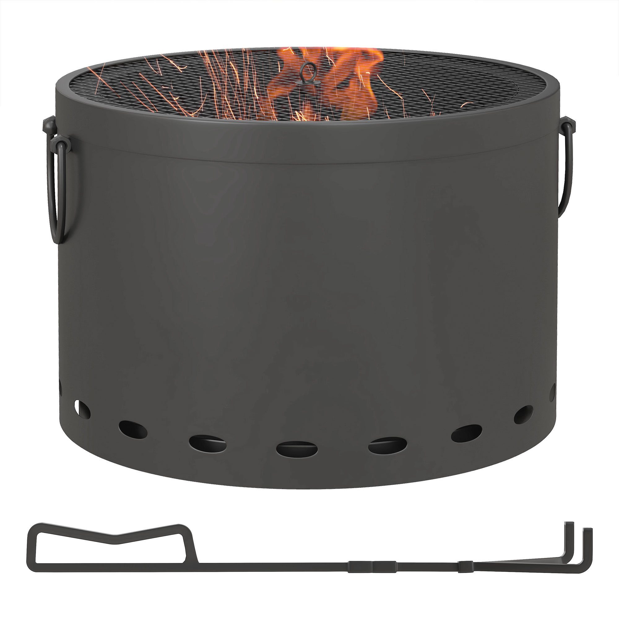 Outsunny Tischfeuer Ø38cm Feuerstelle mit Schürhaken und Funkenschutz (Rauchfreie Holzfeuerschale, 1-St., Feuerkorb), für Garten, Picknick, Dunkelgrau