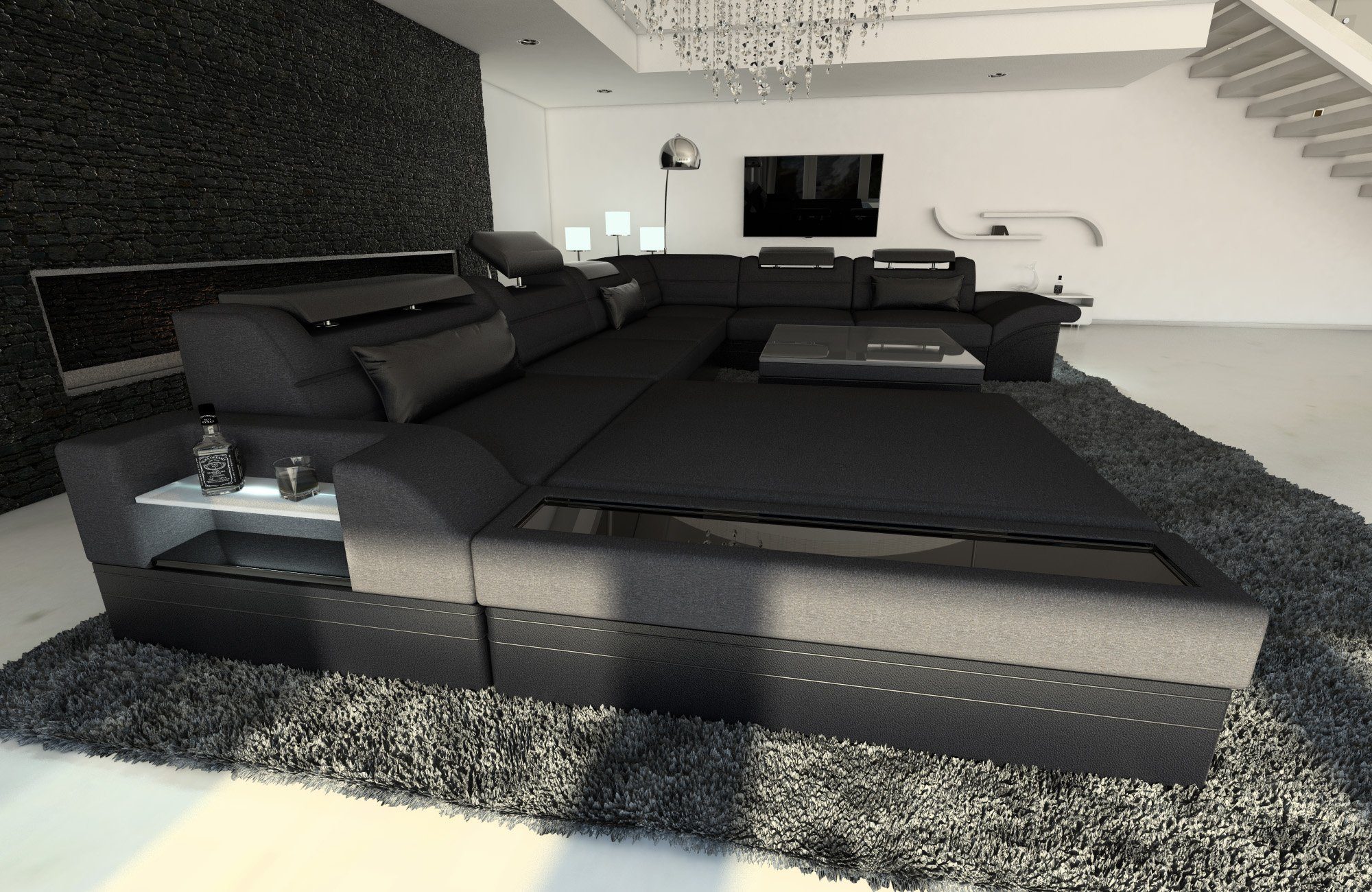 Sofa Dreams Wohnlandschaft Polster Stoff Sofa Mezzo XXL U Form Stoffsofa Couch, mit LED, wahlweise mit Bettfunktion als Schlafsofa, Designersofa