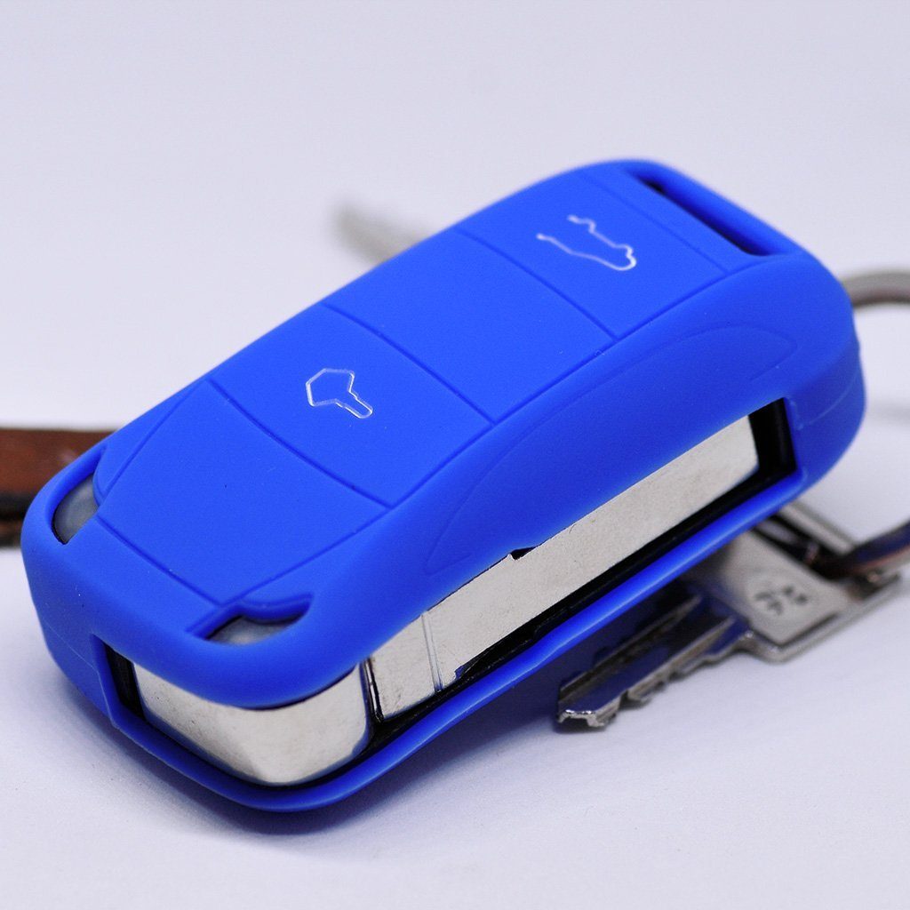 mt-key Schlüsseltasche Autoschlüssel Softcase Silikon Schutzhülle Blau, für Porsche Cayenne 955 9PA 2002-2012 2 Tasten Klappschlüssel