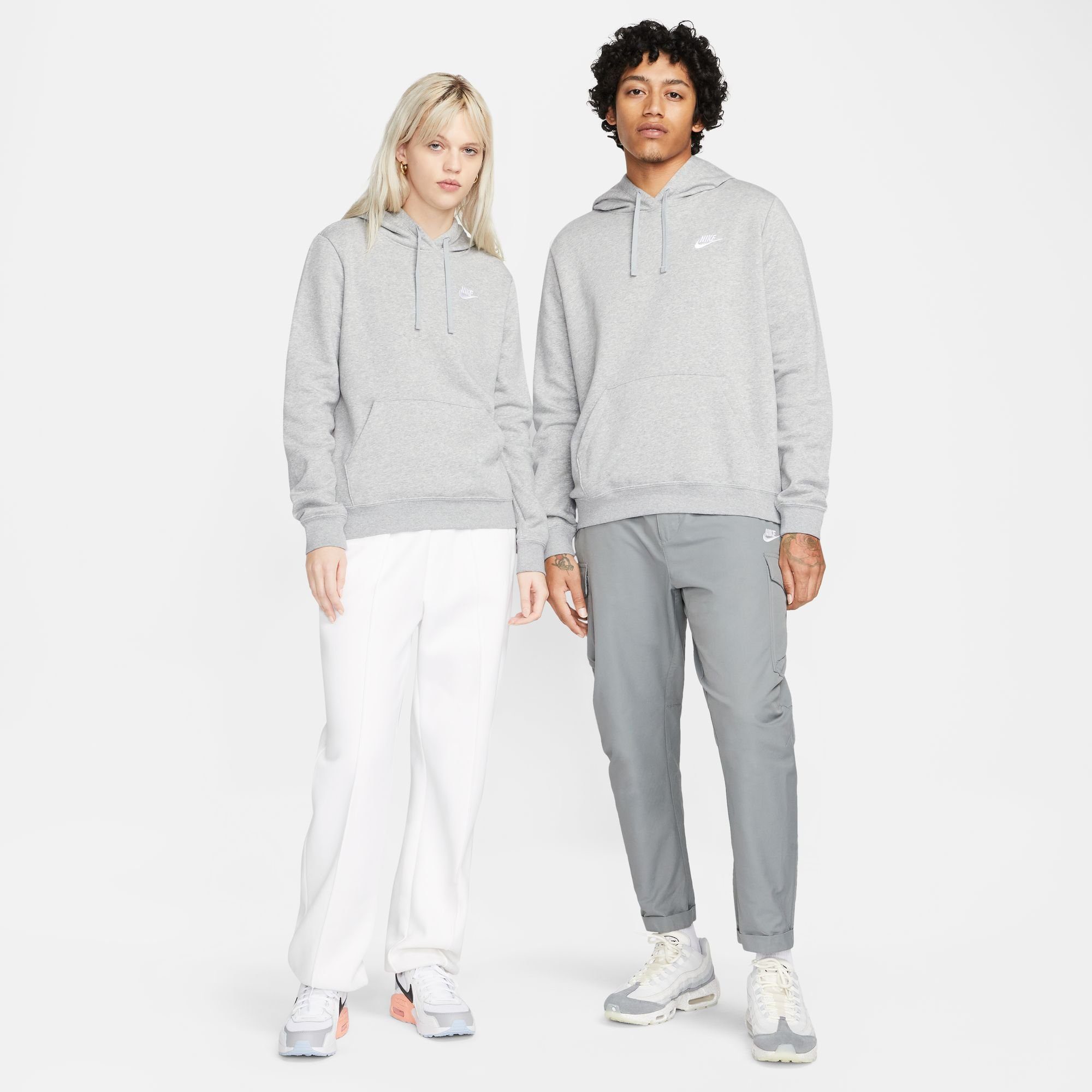 DK Kapuzensweatshirt WOMEN'S Nike CLUB PULLOVER GREY HOODIE FLEECE HEATHER/WHITE Sportswear