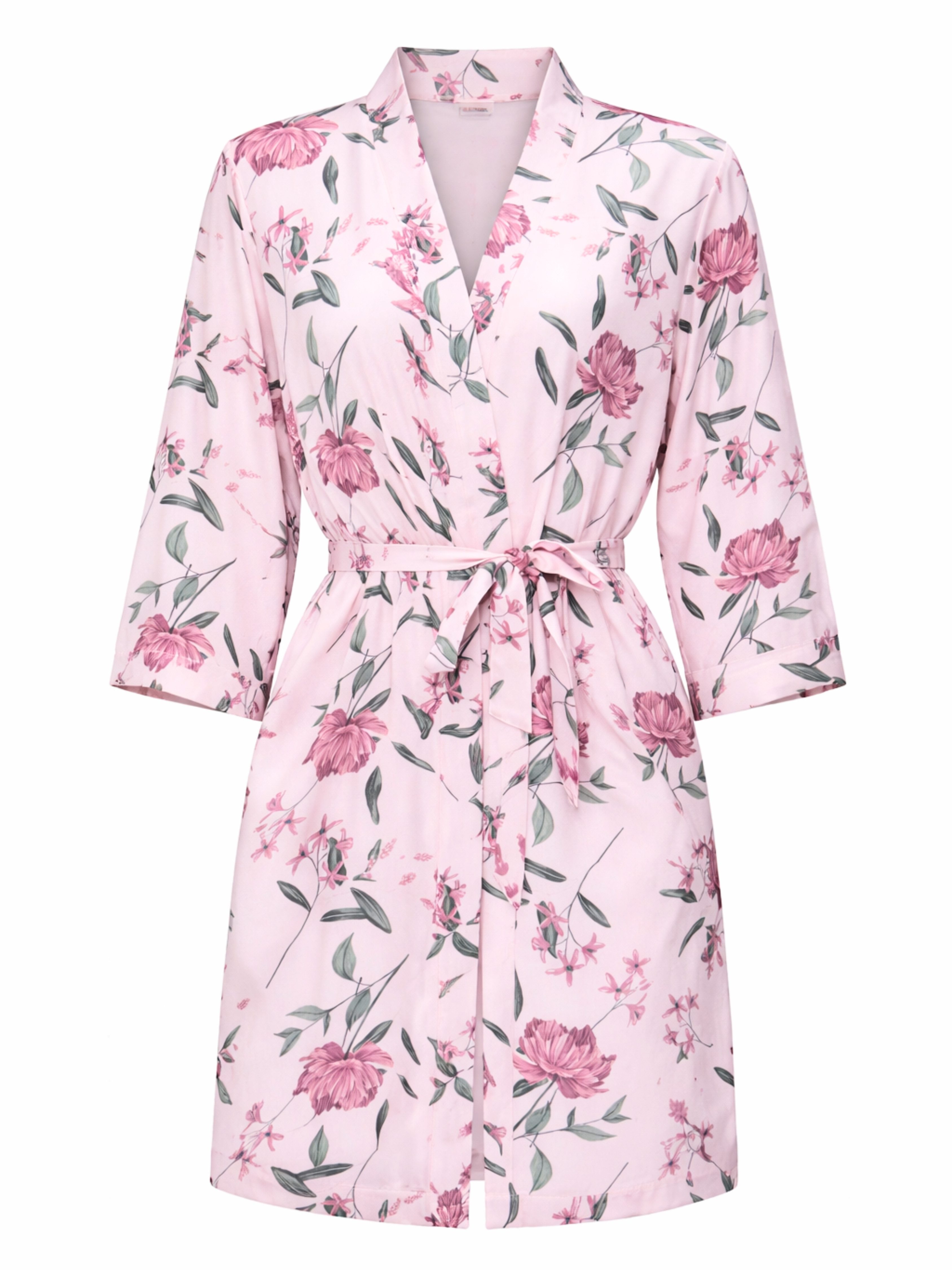 Donna Morgenmantel Damen Kimono kurz mit Blumenprint, Viskose, Schalkragen, Bindegürtel, Leichter Viskose-Morgenmantel mit Gürtel & Taschen, ca. 90 cm