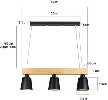 ZMH LED Pendelleuchte Esstisch Holz 3 Flammig Warmweiß Höhenverstellbar, Plug Shine, LED wechselbar