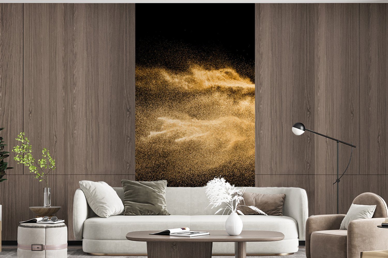 - Luxus für Wohnzimmer Gold Matt, MuchoWow Fototapete Schwarz Schlafzimmer - Küche, bedruckt, - Fototapete Kunst, (2 St), Vliestapete Sand -