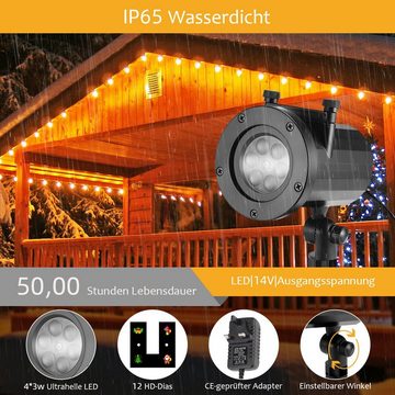 oyajia Projektionslampe LED-Projektor Weihnachtliche Rotierende Projektorlampe mit 12 Filmen, LED fest integriert, IP65 Außenbeleuchtung für Halloween, Geburtstag, Party, Weihnachten