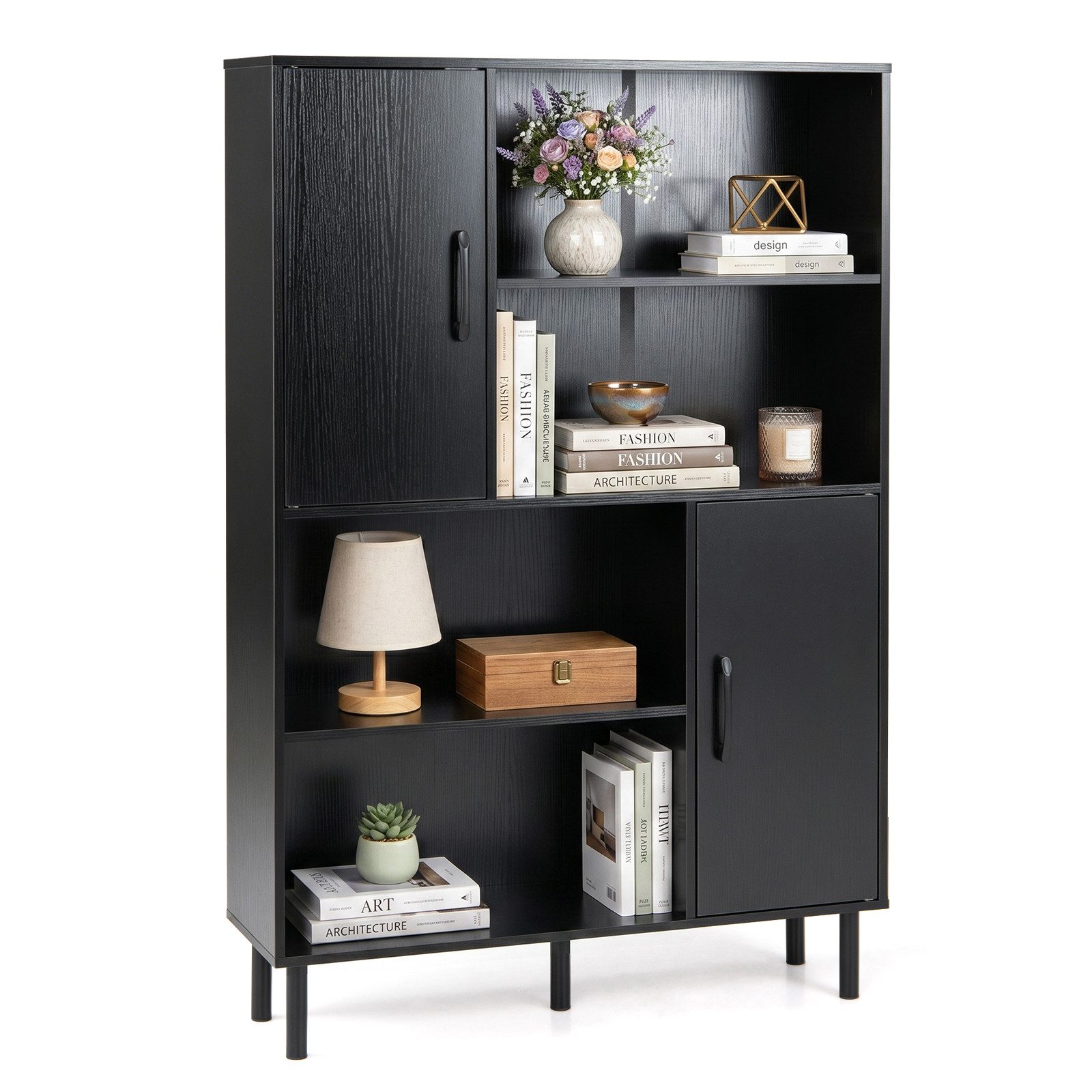 COSTWAY Bücherregal, mit 2 Türen & 4 Regalen, Kippsicherung, Holz, 80x24x119.5cm