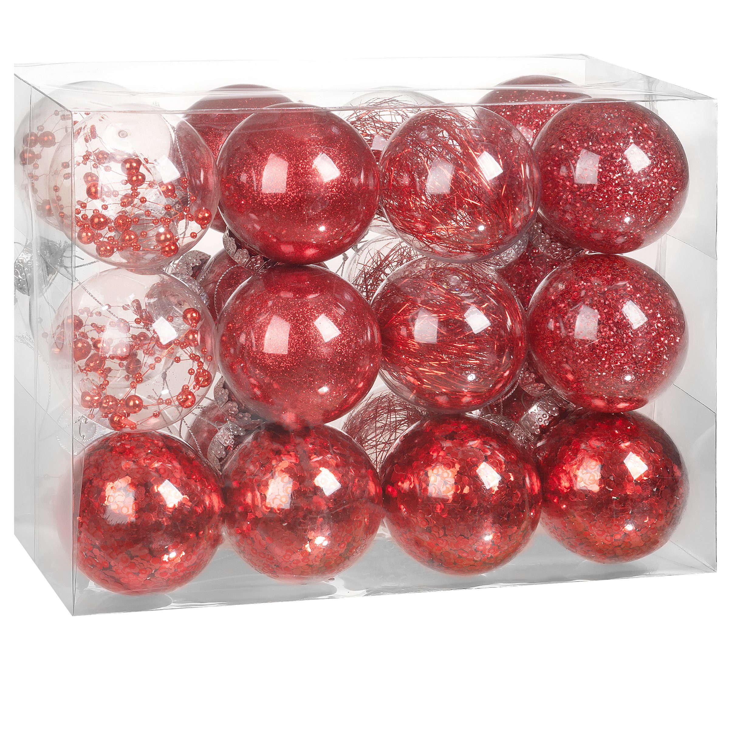 Casaria Weihnachtsbaumkugel, Christbaumkugeln 24tlg Ø6cm Kunststoff transparent gefüllt Rot