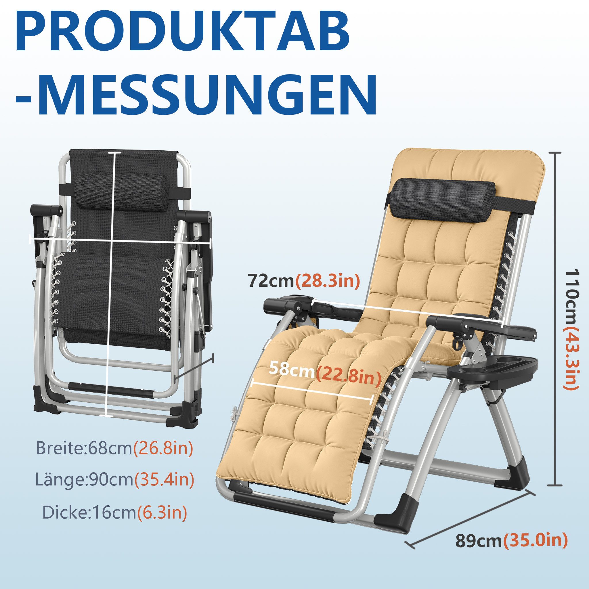 FIVMEN Gartenliege Sonnenliege klappbar Liegestuhl Verstellbare Rückenlehne 90–170°, inkl. Nackenkissen, Getränkehalter, Seitentasche, bis 160kg