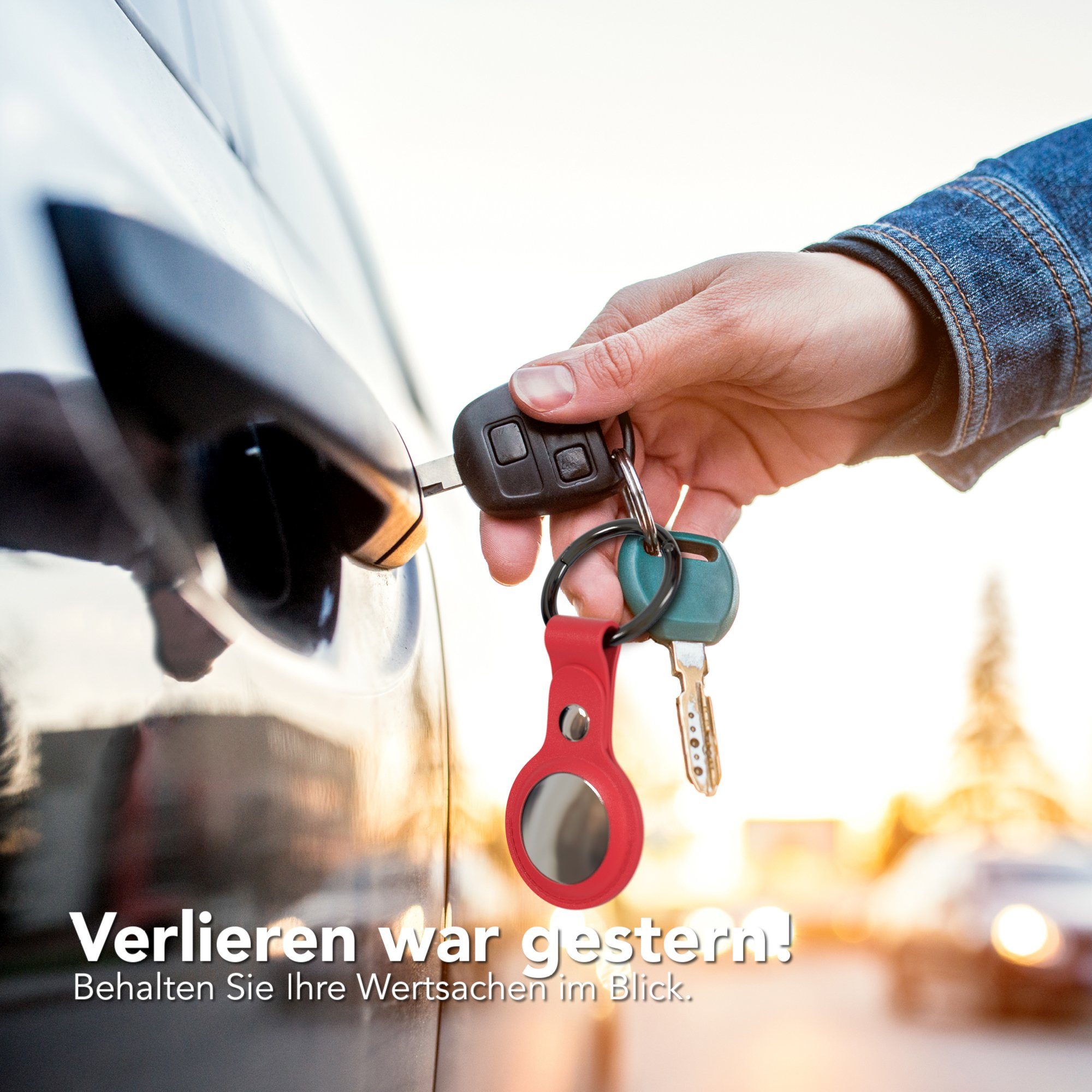 EAZY CASE Schlüsselanhänger Anhänger kompatibel mit Apple AirTag, Schutzhülle Kunstleder Airtags Hülle Schlüsselbund GPS Tracker Rot