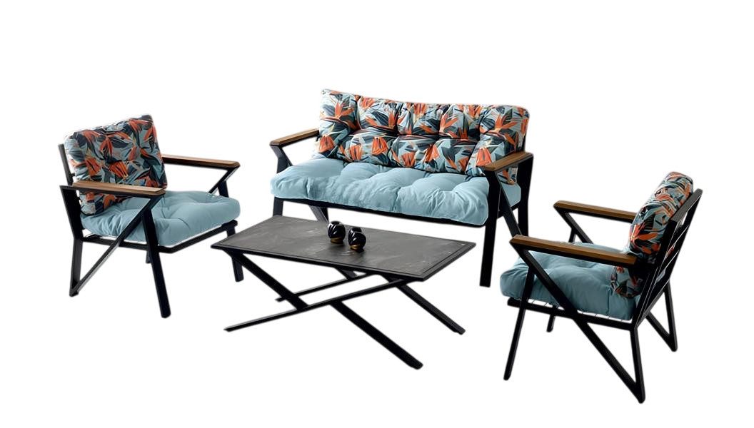 Xlmoebel Gartenlounge-Set Stilvolle Gartenmöbel in Blau mit Sofa und Couchtisch, (Gartenlounge-Set, 3-tlg., Set 3tlg (Sofa + 2x Sessel), Hergestellt in Europa