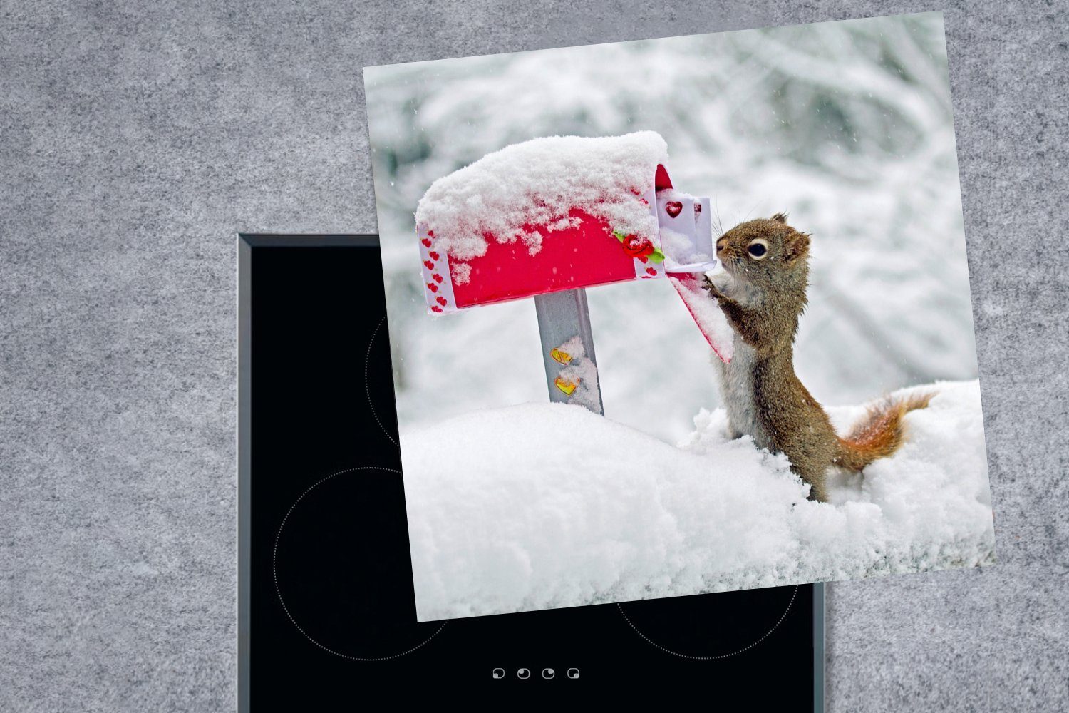 MuchoWow Herdblende-/Abdeckplatte Eichhörnchen - - 78x78 küche cm, Schnee Briefkasten für Winter, Vinyl, Arbeitsplatte tlg), - (1 Ceranfeldabdeckung