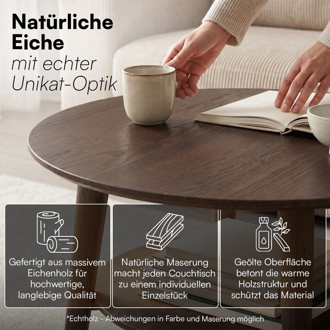 skølm Couchtisch Mjölnir aus Eiche Massivholz (Dunkel lackiert), Wohnzimmertisch Ø70 cm mit 2 Ablagen, auch in oval erhältlich