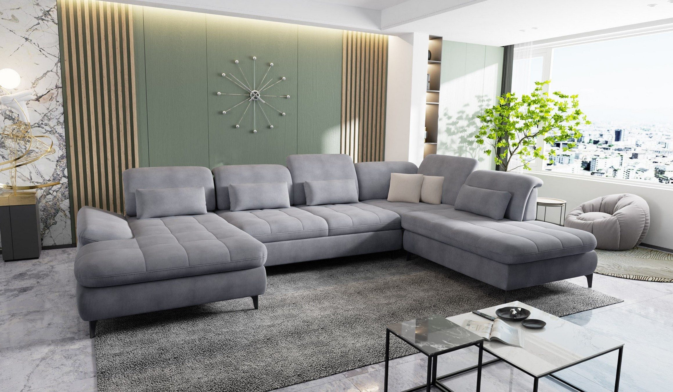 Hygger Möbelhaus Wohnlandschaft Nola U-Form XXL wahlweise mit Bettfunktion & 2 Bettkästen wählbar, Eckcouch B × T₁ / T₂: 370 × 170/230 cm, inkl. Sitztiefenverstellung, Kopfteilverstellung, Armteilverstellung