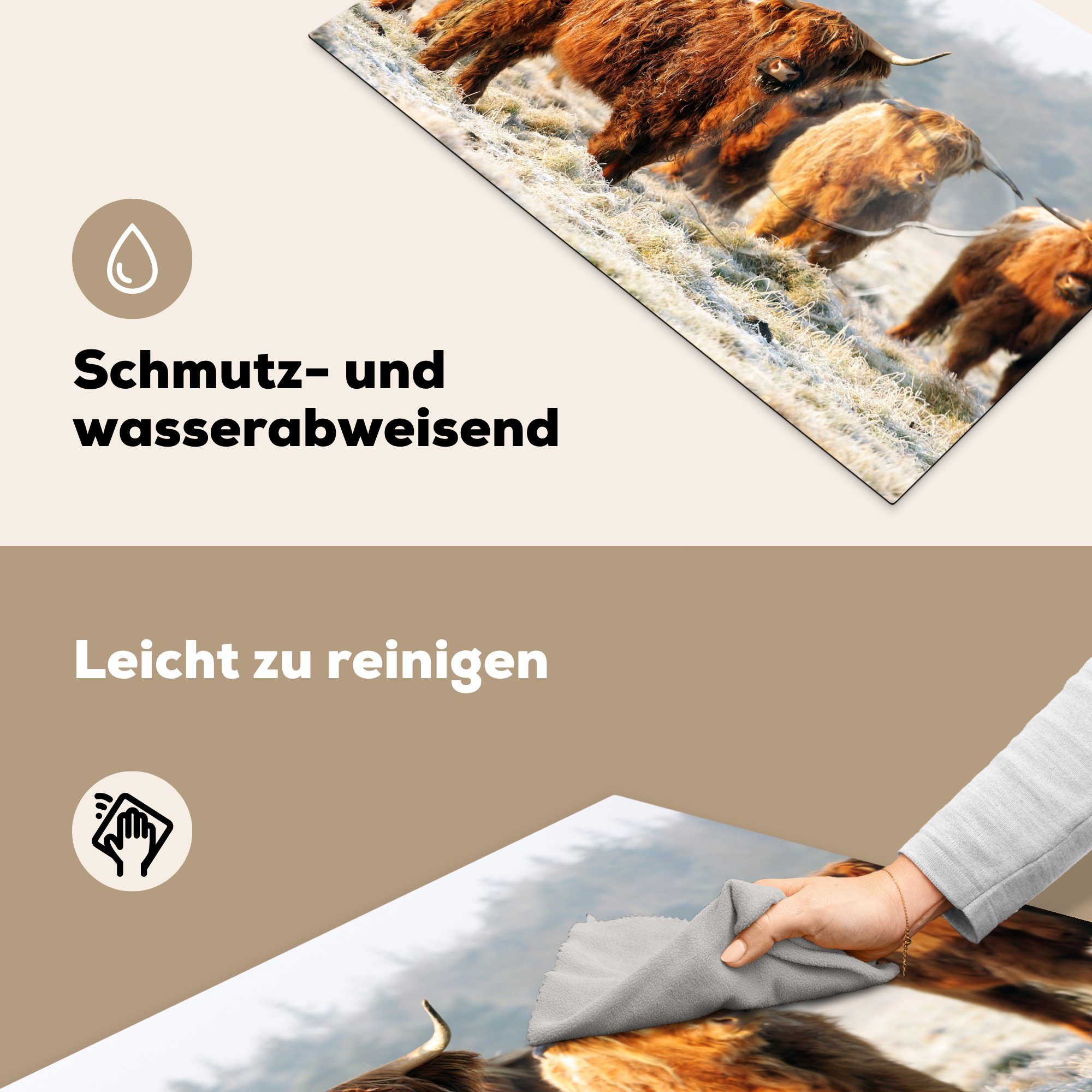 MuchoWow Herdblende-/Abdeckplatte Schottische Highlander - die Ceranfeldabdeckung - Induktionskochfeld Vinyl, Schnee Wald, 81x52 für cm, (1 Schutz küche, tlg)