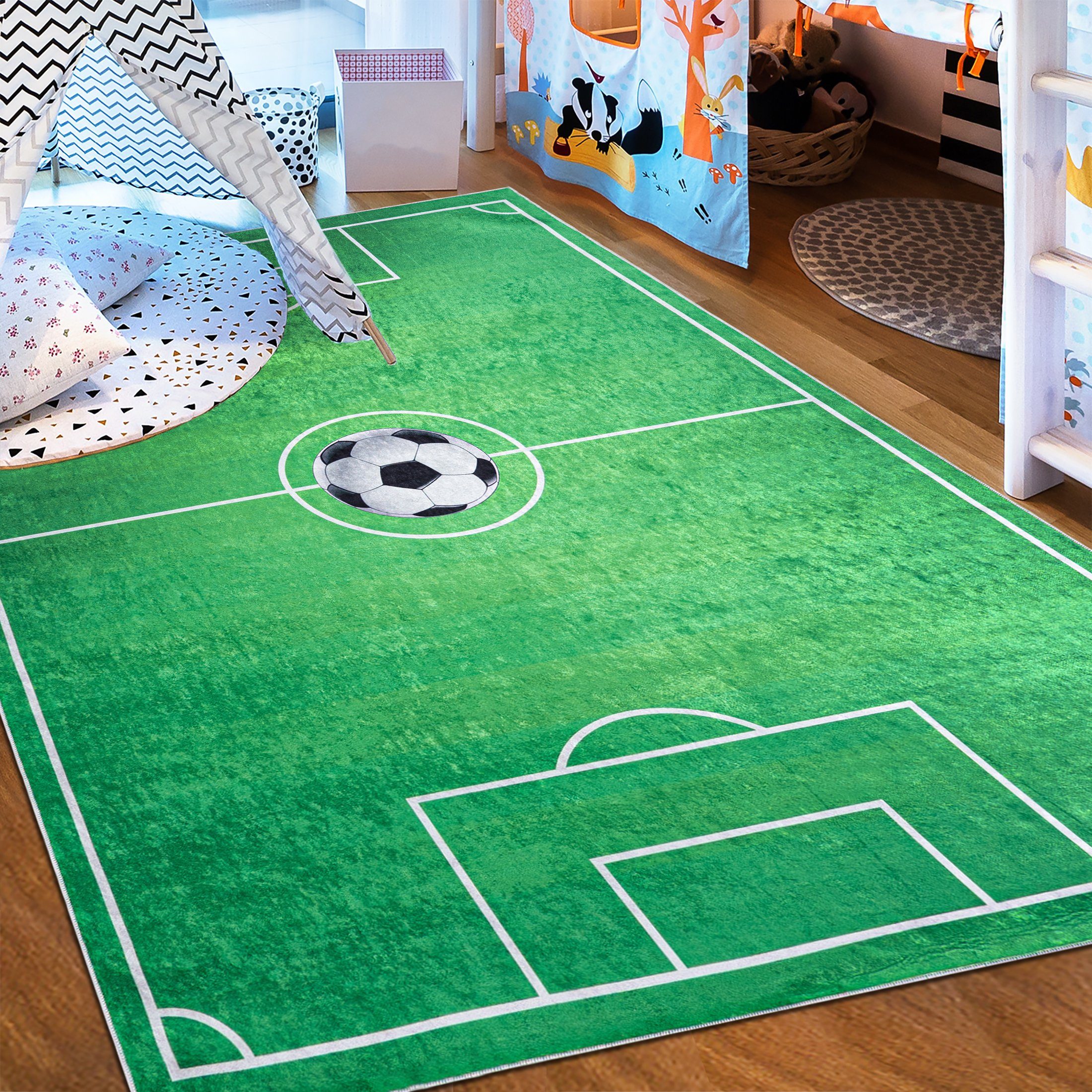 Kinderteppich Kinderteppich Kinderzimmerteppich Fußball Fußballteppich, Mazovia, 80 x 150 cm, Kurflor, Waschbar in Waschmaschine, Höhe 5 mm, Rutschfest