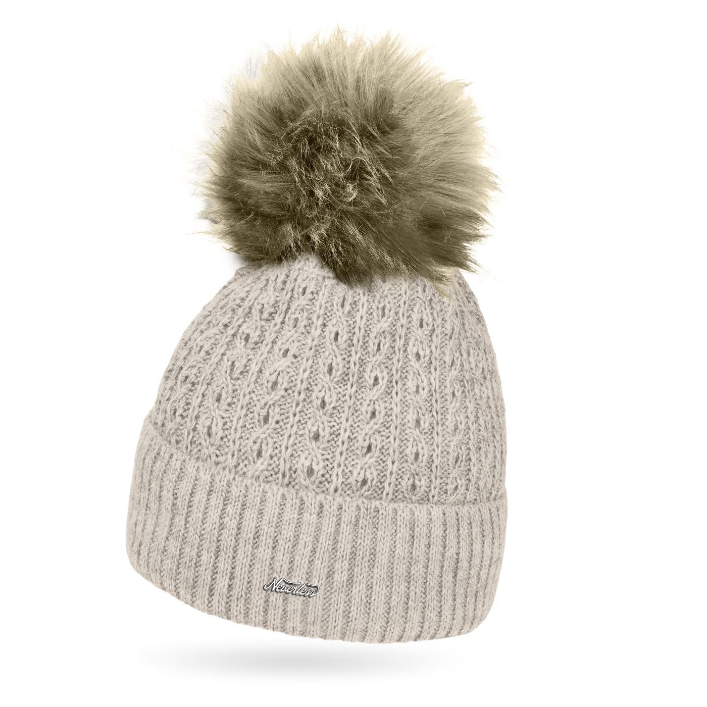 Neverless Bommelmütze Damen Strick-Mütze gefüttert Fell-Bommel Kunstfell Bo günstig online kaufen