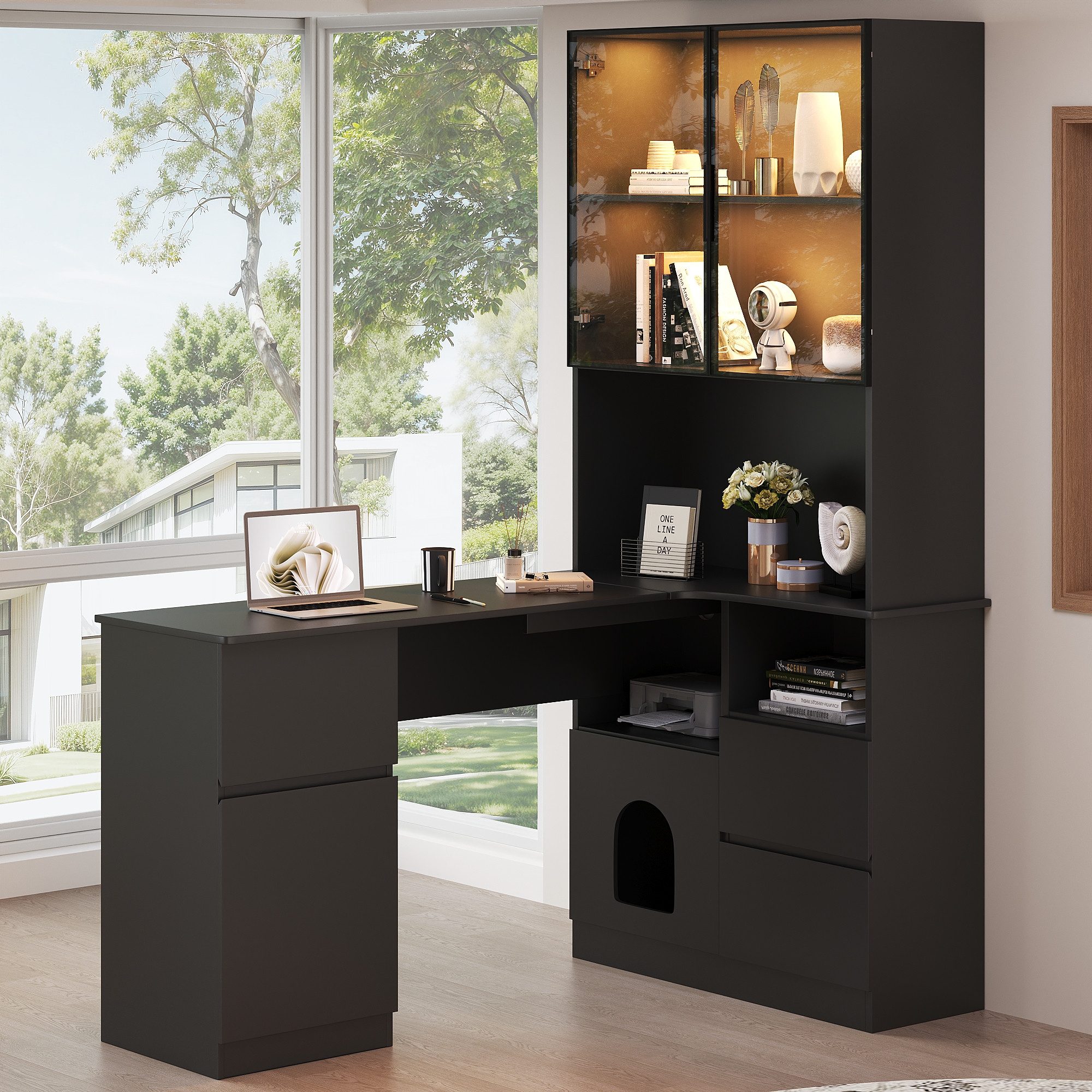 Odikalo Eckschreibtisch Regal-Schreibtisch mit LED-Vitrinenschrank (Eckschreibtisch mit Regal 120×80×180 cm – Schreibtisch mit Kabeldurchlass, 3 Schubladen, 2 Türen, offenen Fächern & Haustierfach,Ein Eckschreibtisch mit eingebautem Bücherregal)