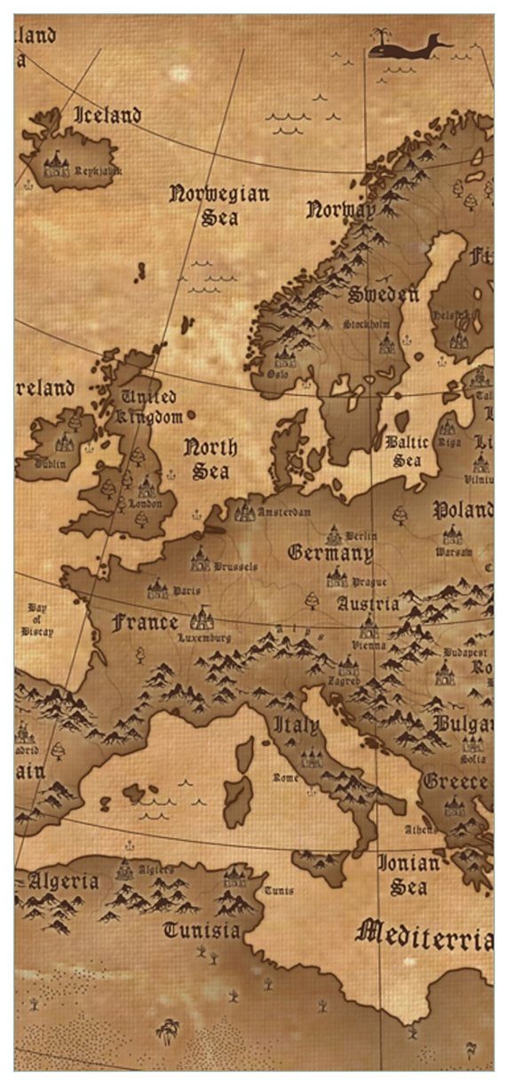 Wallario Türtapete Alte Weltkarte Karte von Europa in englisch, glatt, ohne Struktur