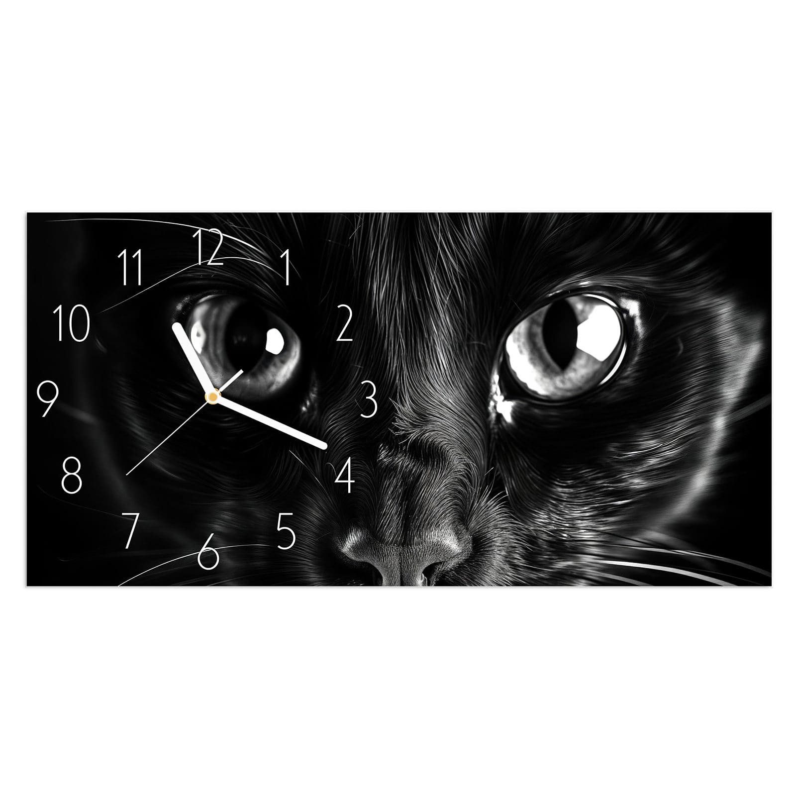 Wanduhr Glasuhr Wandkunst Größe 60 x 30 cm mit Motiv Katzengesicht