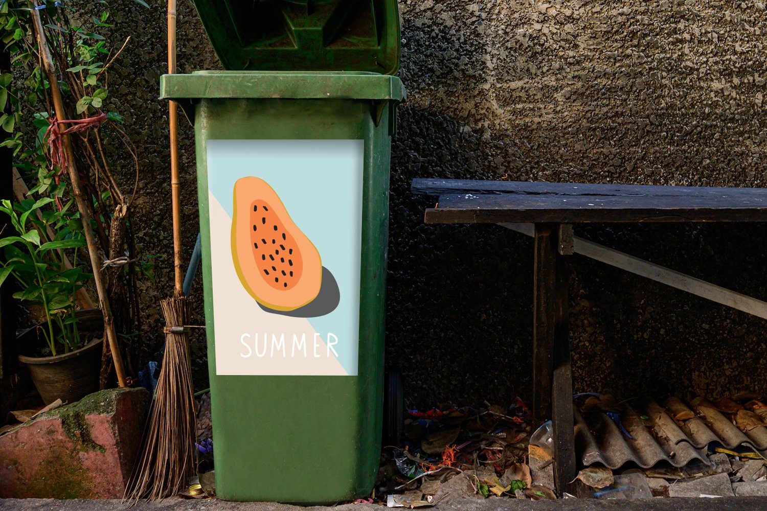 (1 Sticker, MuchoWow - - Abfalbehälter Mülltonne, Pastell Container, Papaya Obst Wandsticker Mülleimer-aufkleber, St),