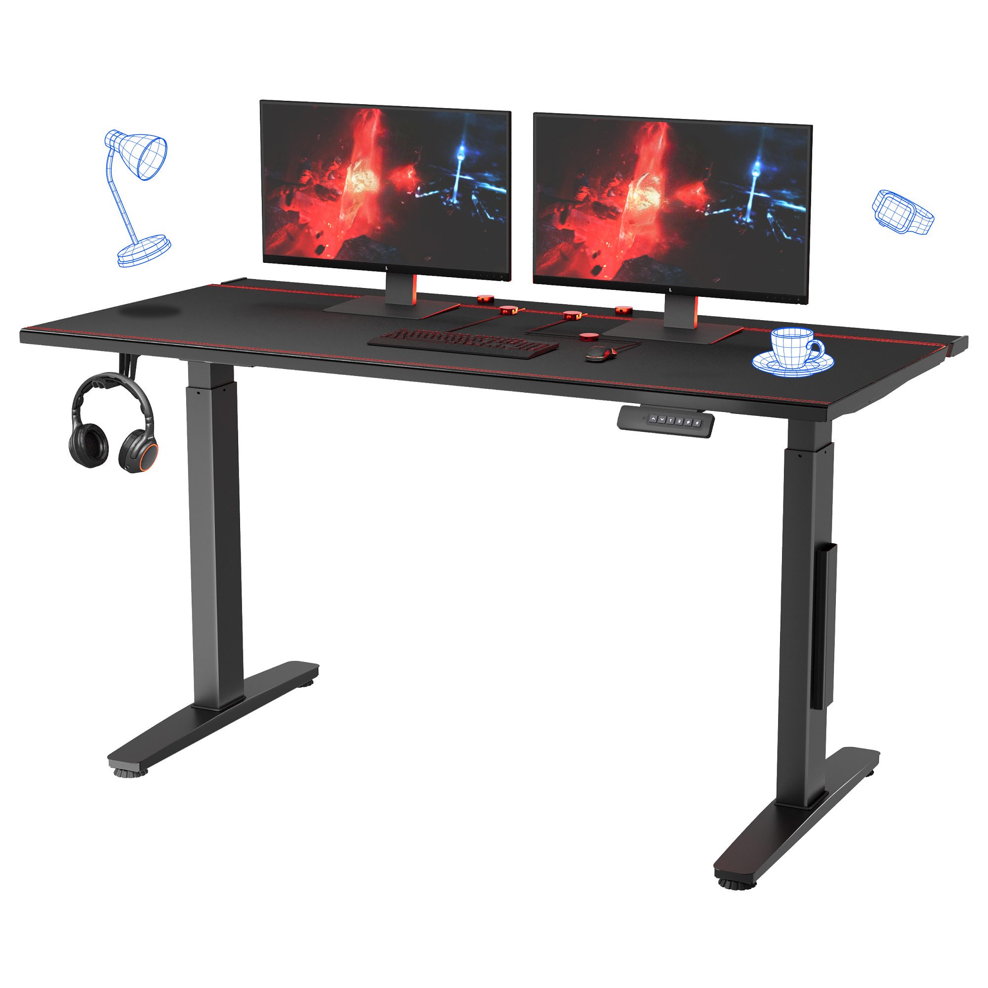 FLEXISPOT Schreibtisch Höhenverstellbarer Gaming-Schreibtisch (Dual-Motor-Technologie, LED-Gaming-Beleuchtung, ergonomisches Design), 120×70 cm, 120 kg belastbar, Schwarz