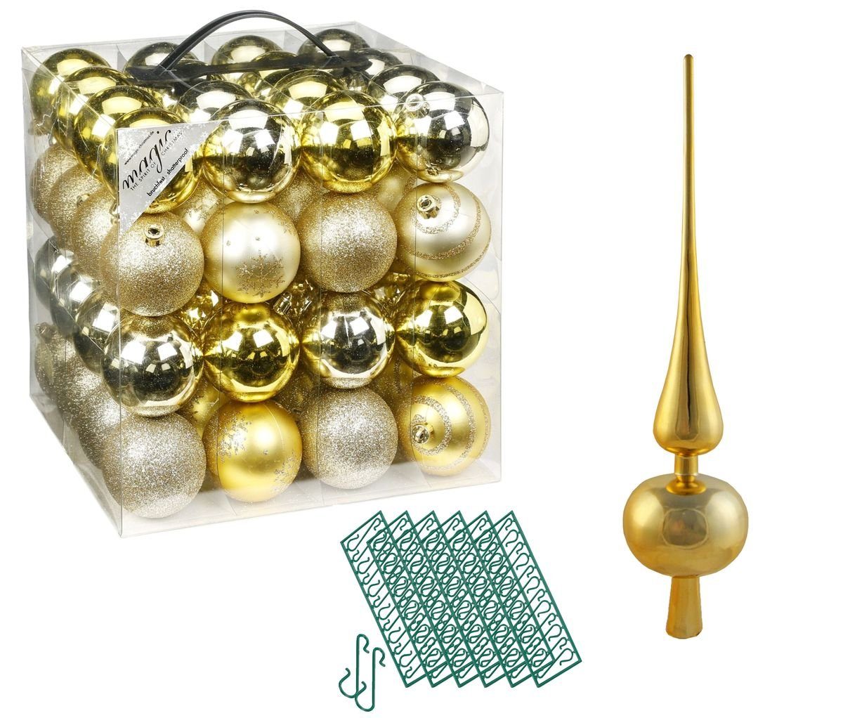 JACK Christbaumschmuck JACK 64x Kunststoff Christbaumkugeln Ø6cm + Spitze 28cm inkl Aufhänger, Kugeln: Gold, Spitze: Gold