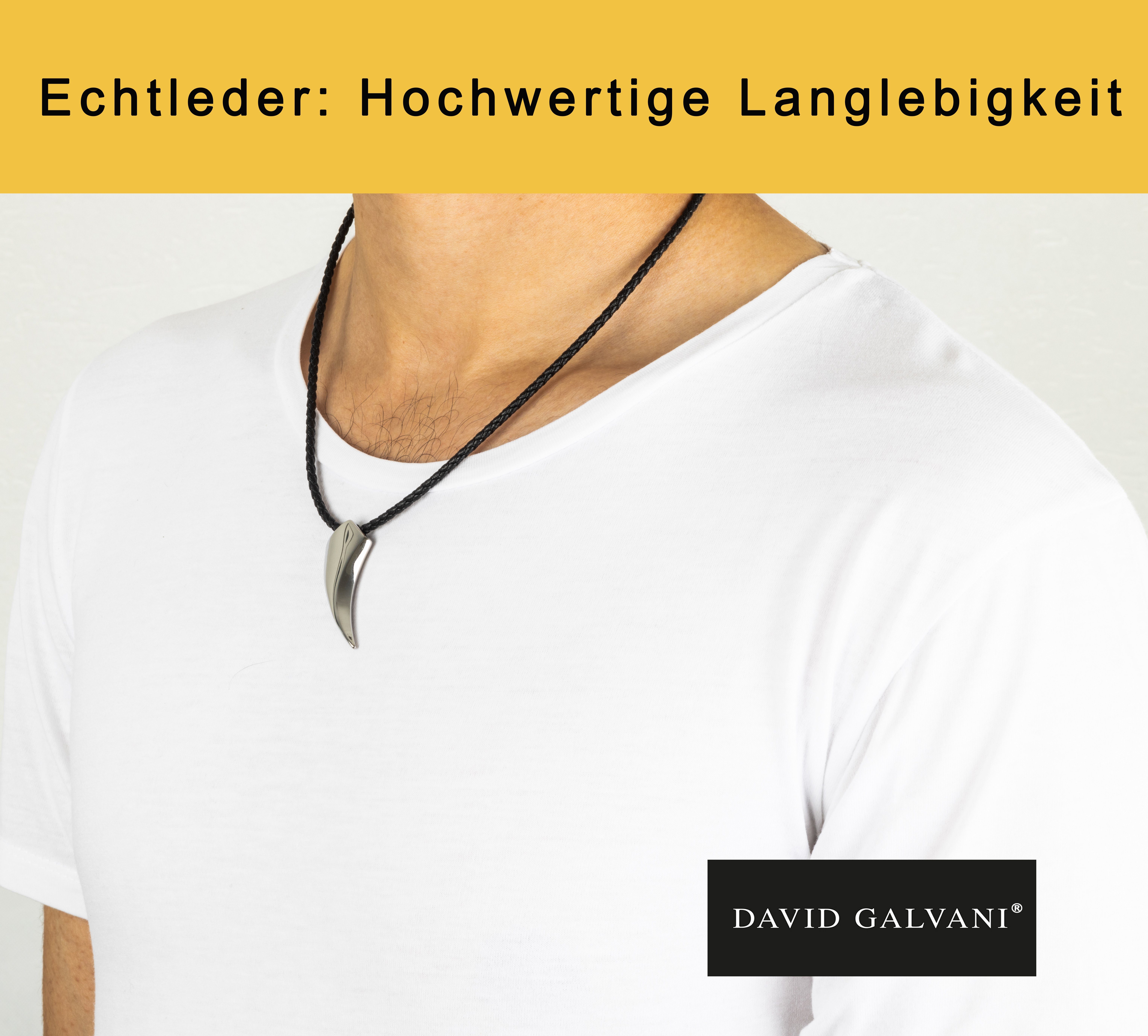 David Galvani Kette Wolf (1-tlg), Lederhalskette Lederband Handmade Lange Echtleder Anhänger mit Silber