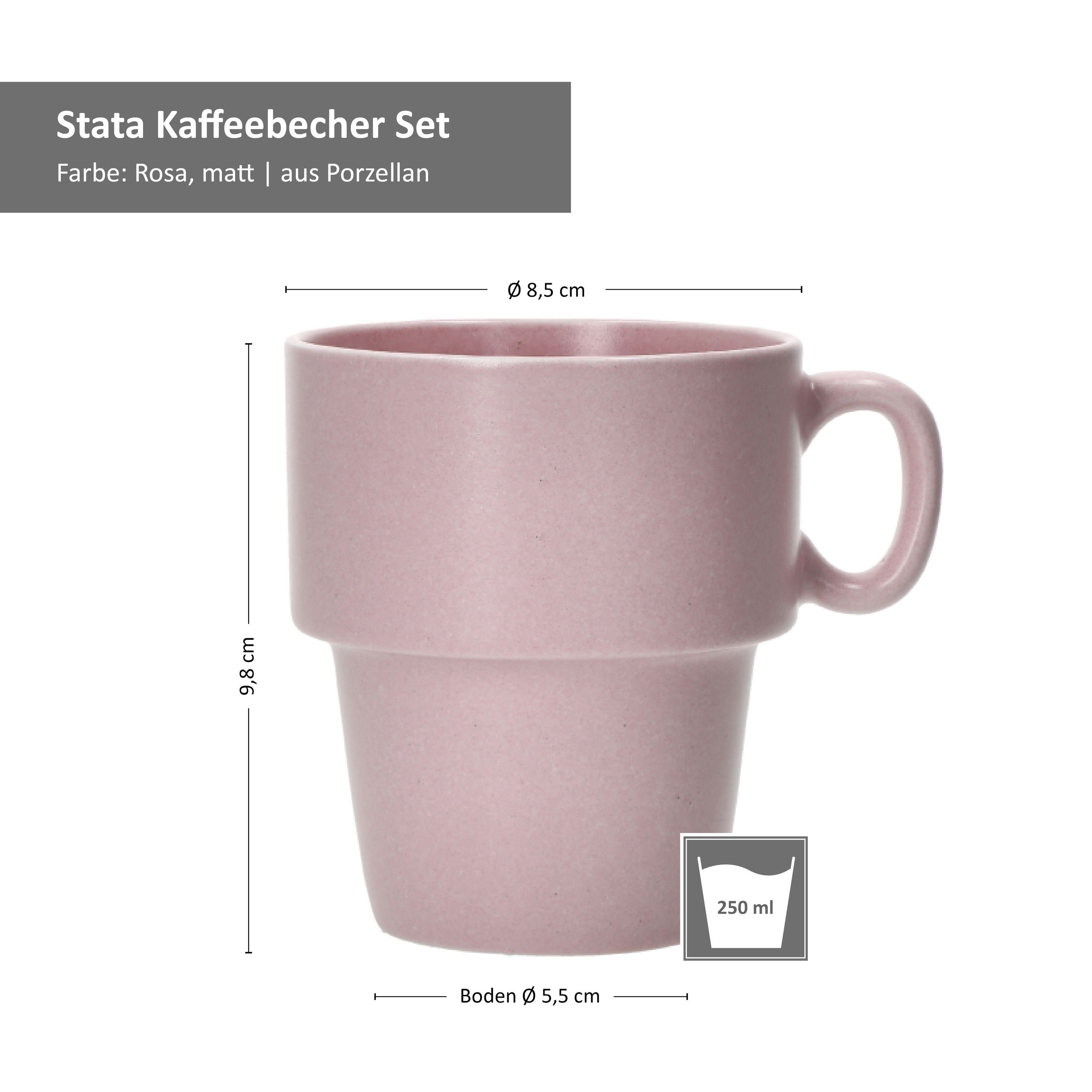 Set MamboCat stapelbar, Ständer Becher 6er Porzellan Stata rosa Kaffeebecher 250ml mit Porzellan