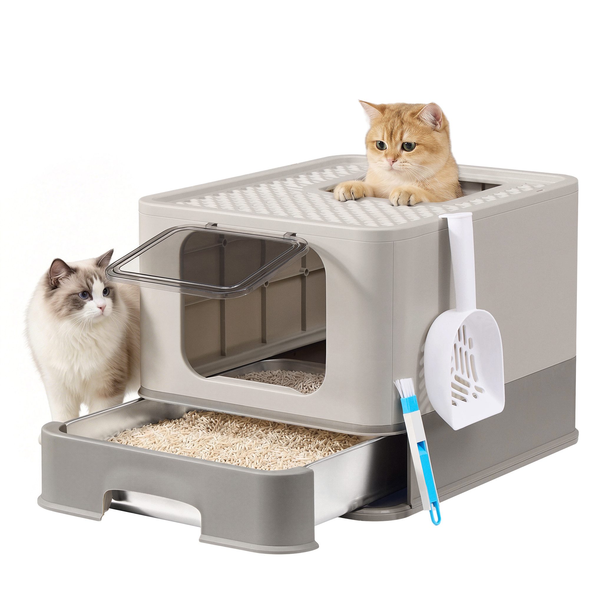 FEANDREA Katzentoilette Katzenklo Edelstahl, für Katzen bis 15 kg, mit Schublade, Schaufel, Bürste, 2 Eingänge