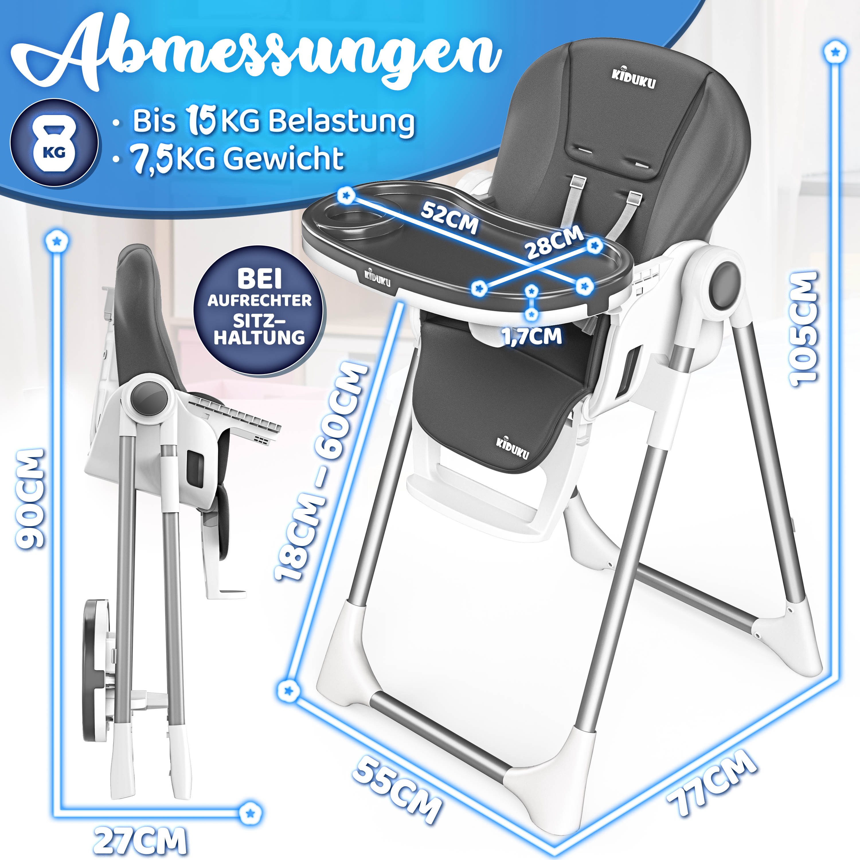KIDUKU Hochstuhl KIDUKU® Hochstuhl Baby 3in1 mit Neugeborenenaufsatz + Lätzchen, Spielb (Tisch Kinderhochstuhl klappbar mit Liegefunktion 0-36 Monate), Baby 3in1 mit Neugeborenenaufsatz + Lätzchen, Spielbogen