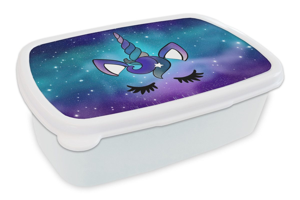 MuchoWow Lunchbox Einhorn - Sternenhimmel - Blau, Kunststoff, (2-tlg), Brotdose Schule oder Arbeit, Brotbox für Kinder und Erwachsene