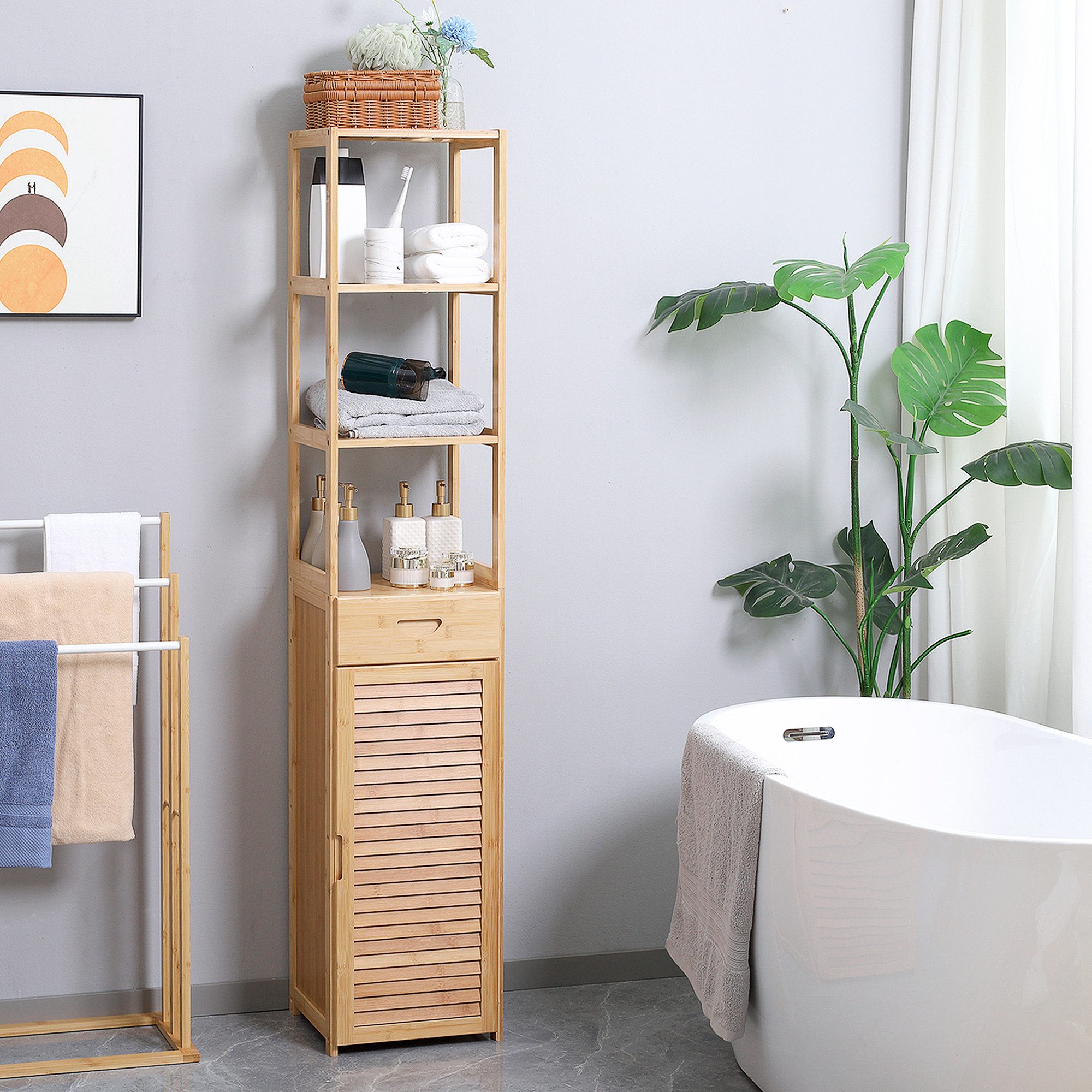 Kleankin Badkommode Badschrank Aufbewahrungsschrank mit Schublade, drei Ablagen (Badezimmerschrank, 1 St., Badezimmermöbel), für Badezimmer, 32 x 30 x 163 cm Naturholz