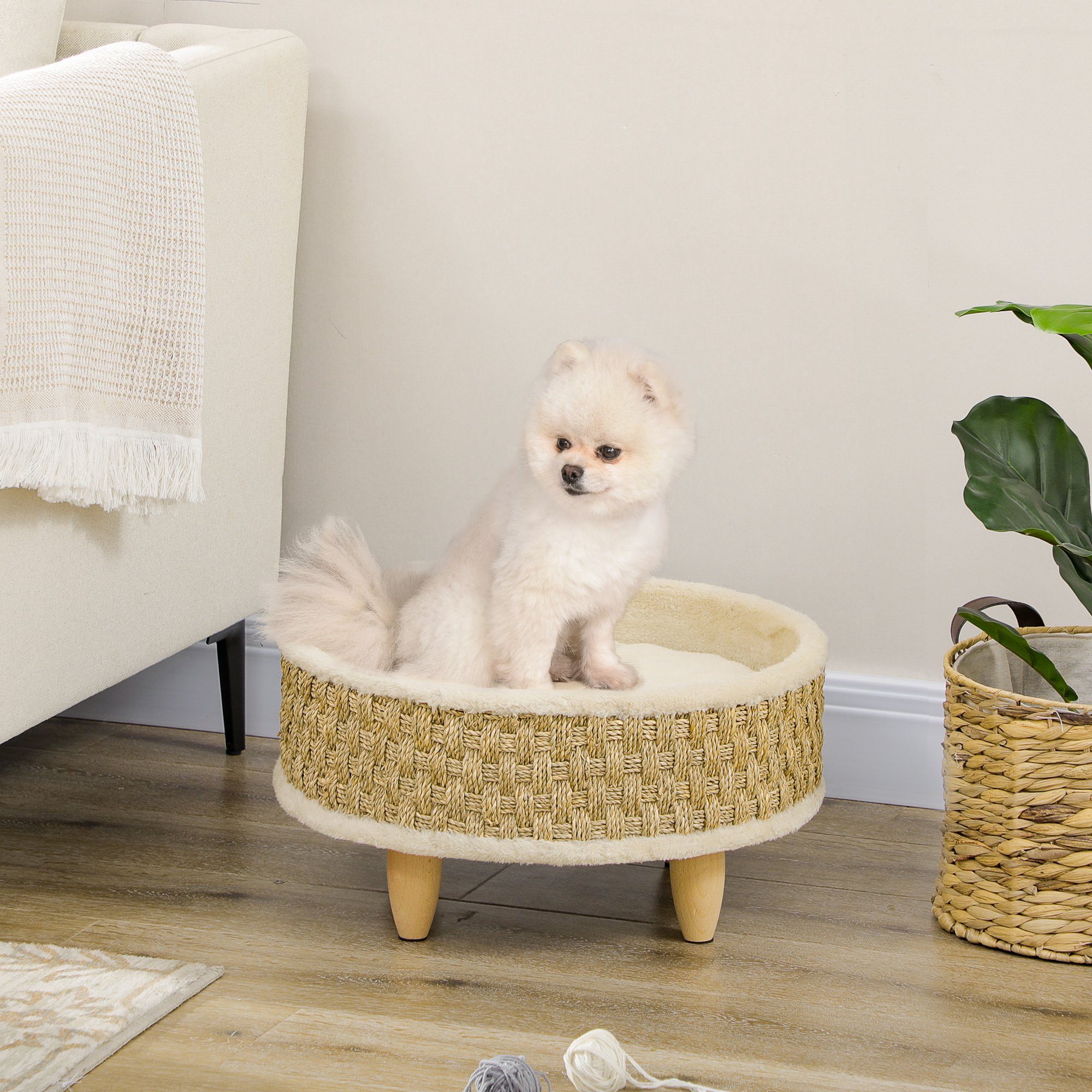 PawHut Hundesofa erhöhtes Haustierbett rund 48x48x245cm mit waschbarem Seegrasseil und Holzbeinen in Beige Khaki-Natur für komfortable Ruheplätze   Aosom.de von PawHut