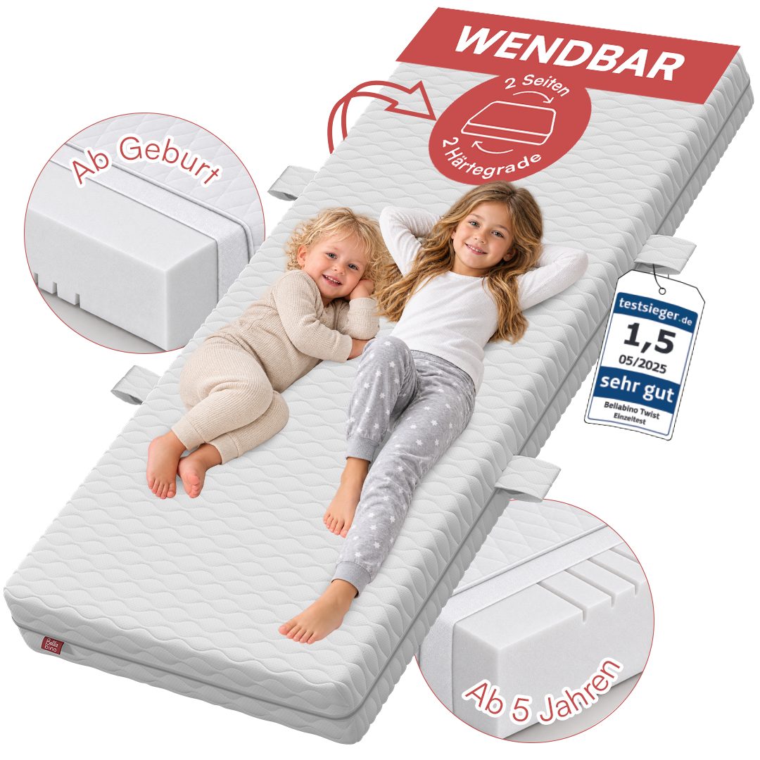 Kindermatratze Twist, Babymatratze ab Geburt, wendbar H1/H2, 7-Zonen, Bellabino, (100x200 cm), Kaltschaummatratze, abnehmbarer Bezug, Oeko-Tex zertifiziert