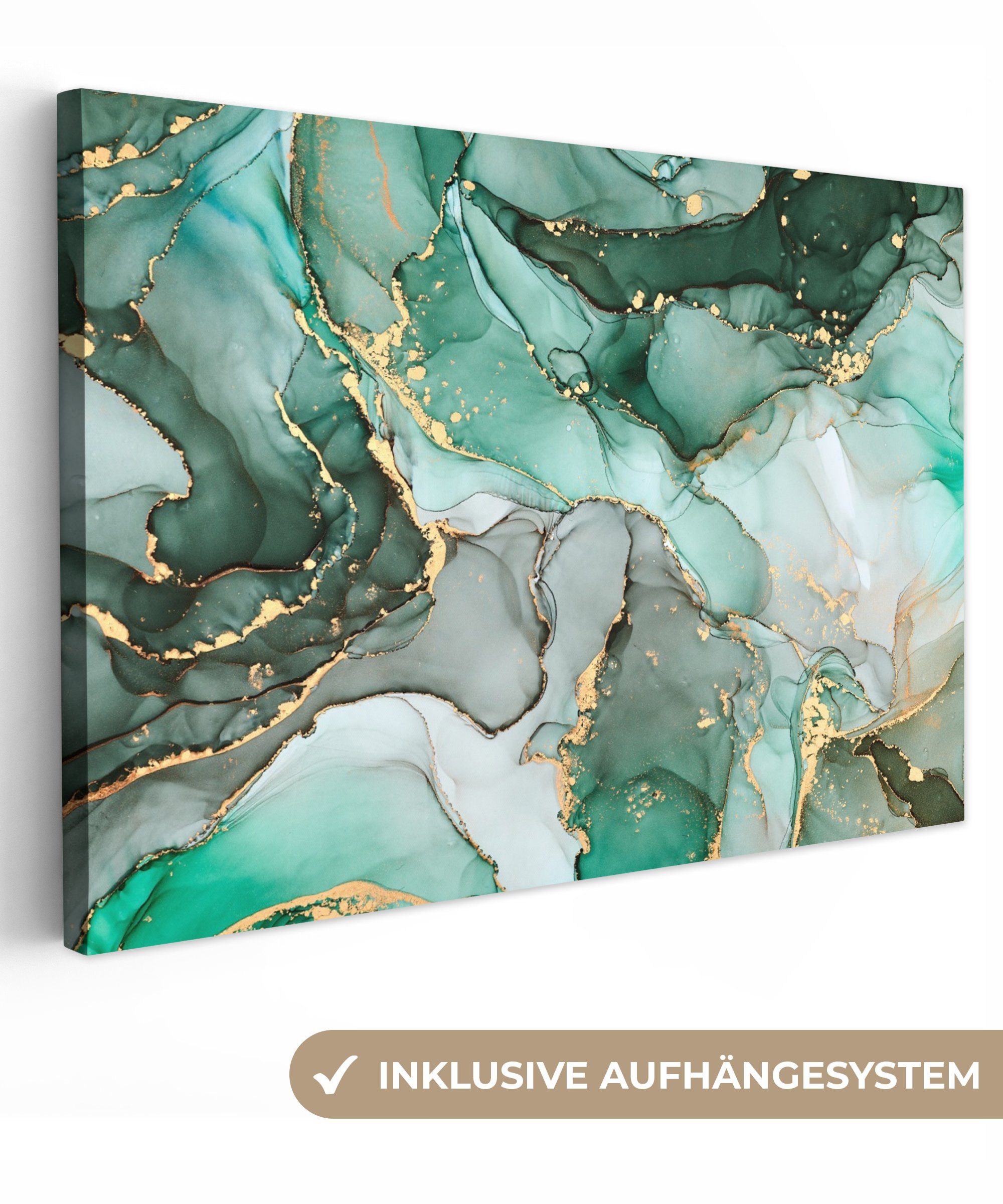OneMillionCanvasses® Leinwandbild Gold - Marmor - Grün - Luxus - Marmoroptik - Grau, (1 St), Wandbild für alle Wohnbereiche, Gemälde, XXL, großes, 120x80 cm
