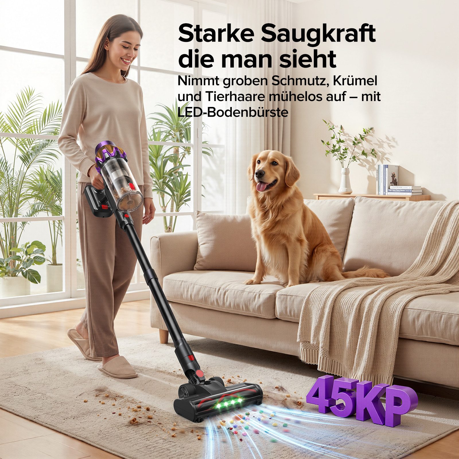 lubluelu Akku-Hand-und Stielstaubsauger P6 Kabellos Akku Staubsauger Handstaubsauger 45kPa/50Min, 450 W, beutellos, Selbststehendes Design,Staubsauger für Tierhaare,Teppich und Hartboden