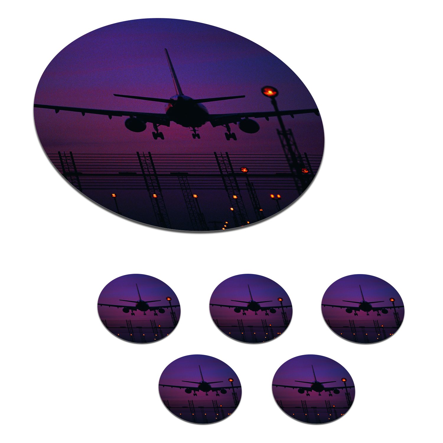 MuchoWow Glasuntersetzer Silhouette eines Flugzeugs Tassenuntersetzer, Korkuntersetzer, Zubehör in Becher Gläser, der 6-tlg., Nacht, für Tasse, Getränkeuntersetzer