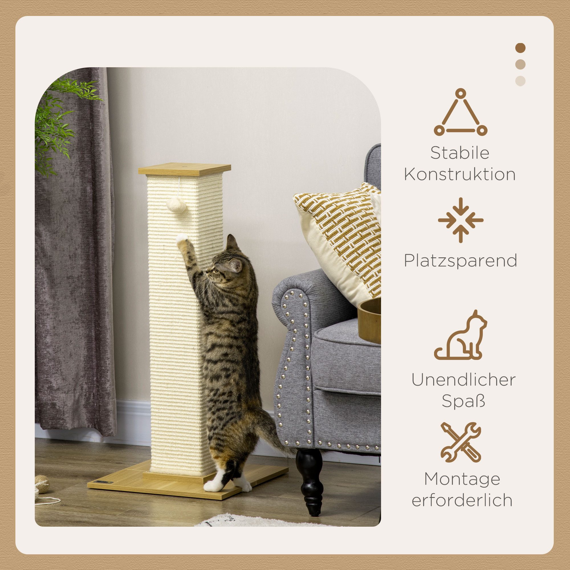 furnicato Kratzbaum Eiche+Cremeweiß 38L x 38B x 80H cm, Kratznapf mit Spielball aus Sisal für Katzen bis zu einem Gewicht 5kg