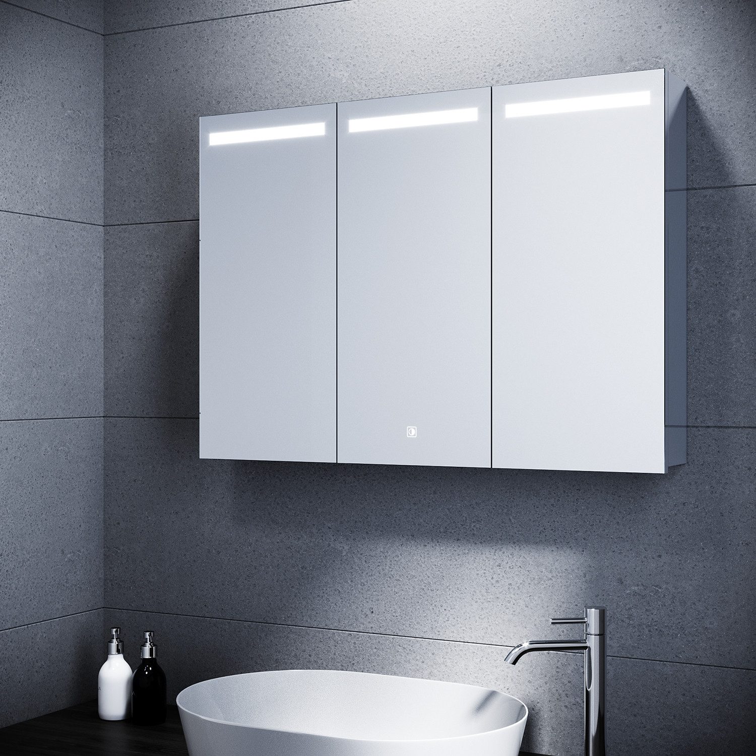 SONNI Badezimmerspiegelschrank Edelstahl Spiegelschrank bad mit beleuchtung 90x65x13cm mit Steckdose und Touchschalter Kalt/Warm/Neutral Licht, dimmbar