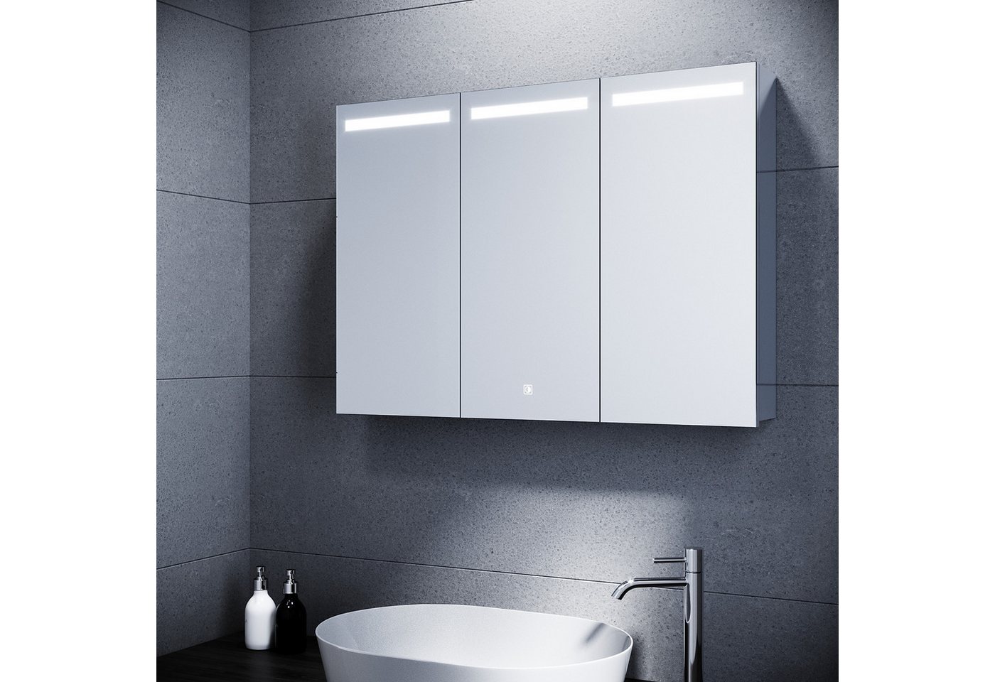 SONNI Badezimmerspiegelschrank Edelstahl Spiegelschrank bad mit beleuchtung 90x65x13cm mit Steckdose und Touchschalter Kalt/Warm/Neutral Licht, dimmbar
