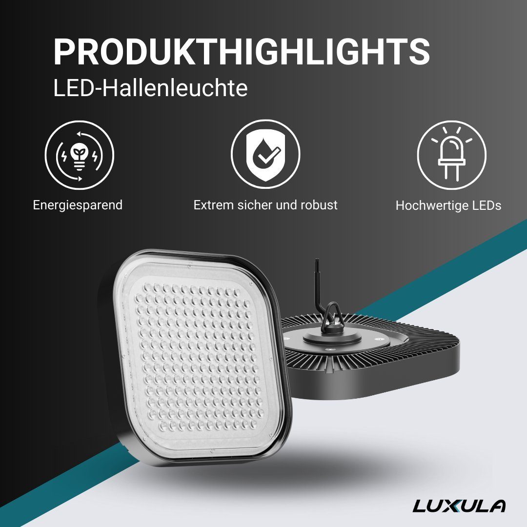 LUXULA LED Arbeitsleuchte LED-HighBay, 5000 spritzwassergeschützt (neutralweiß), 12000 lm, Tageslichtweiß, LED fest quadratisch, schlagfest, 100 K integriert, neutralweiß, IP65, W