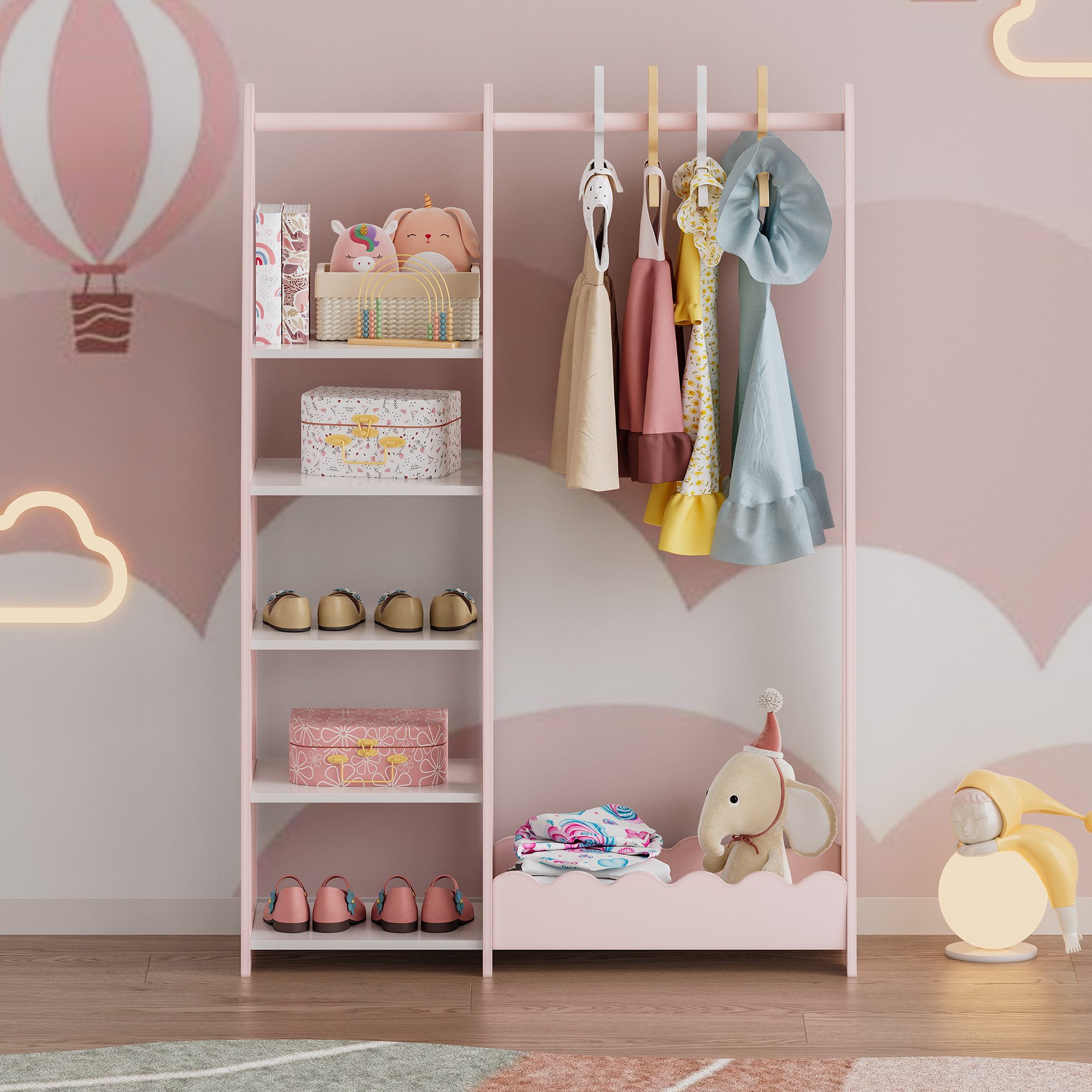 en.casa Kleiderständer, für Kinder »Vestnes« 114x77x30 cm Wellendesign Cotton Candy/Weiß