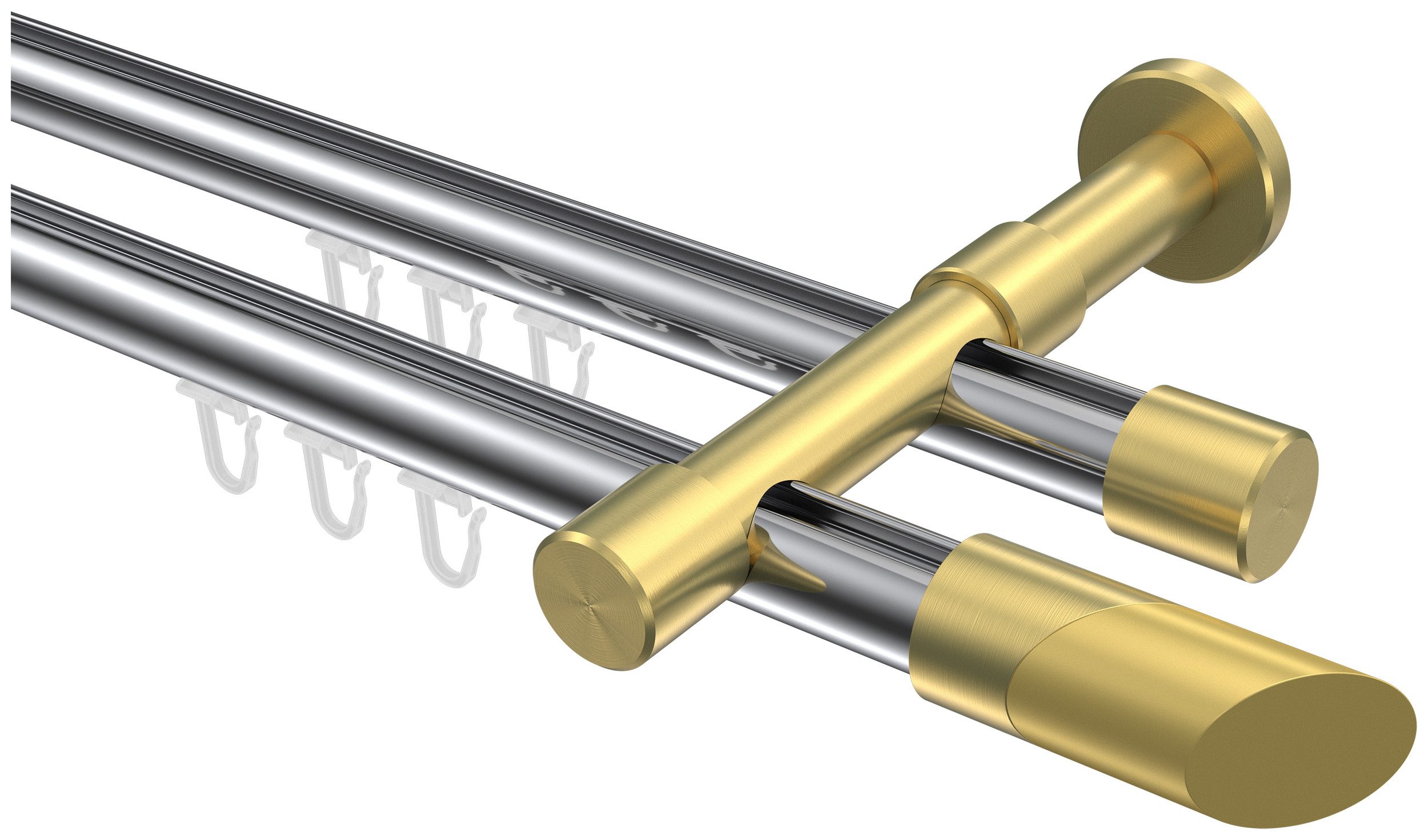 INTERDECO Gardinenstange Prestige Verano, Ø 20 mm, 2-läufig, Fixmaß, kürzbar, Wandmontage, Aluminium, Chrom / Messing-Optik / Bicolor