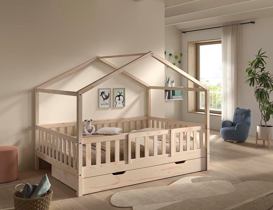 Vipack Hausbett Dallas, Massivholzbett mit Dachaufbau umbaubar vom Boden- zum Daybett (inkl. Rolllattenrost und Sprossenumrandung, 140x200 cm breit), mit Bettschublade, wahlweise Kiefer massiv natur oder weiß