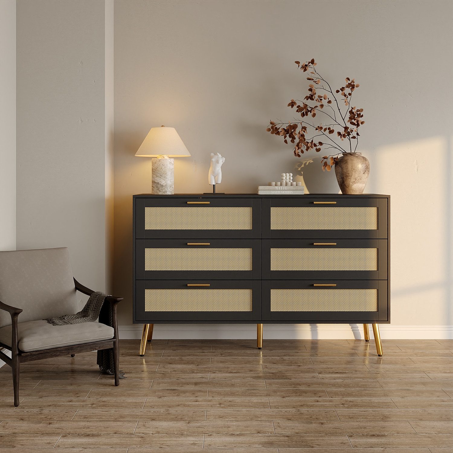 HOMSEE Kommode mit 6 Schubladen, Schwarz, MDF, 120x34x74,5 cm (1 St), Ideal für Wohnzimmer, Schlafzimmer oder Flur
