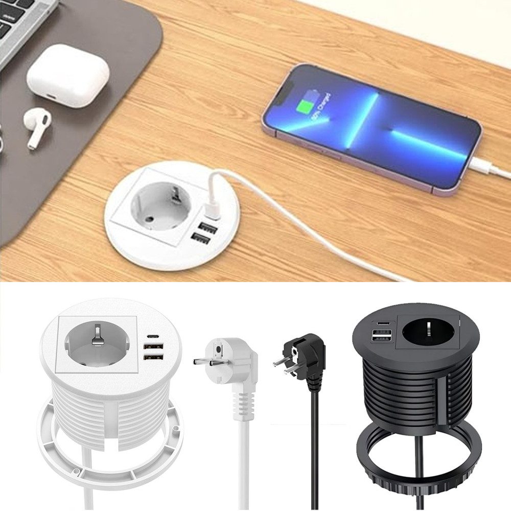 PRIISF Aufputz-Steckdose Einbausteckdose Tischsteckdose mit USB C Steckdosenleiste Versenkbare, Tischplatte Grommet Einbausteckdose USB Hub Schreibtisch Zubehör, ausgestattet mit 1 Schuko, 2 USB-A Anschluss, 1 USB-C Anschluss, Unterbau Ladestation für Arbeitsplatte Wand Möbel Küche Büro Wohnraum