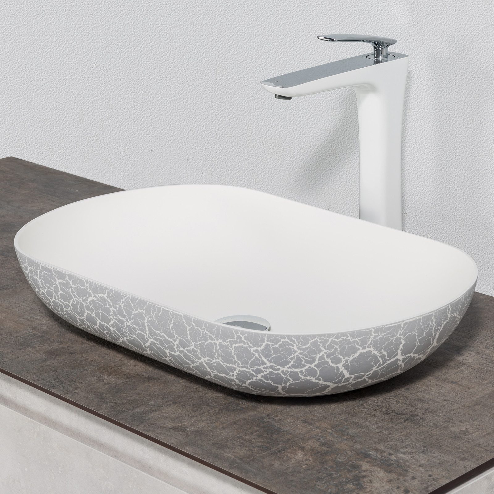 Bernstein Aufsatzwaschbecken O-540 OCEAN 54cm Vintage Grau, Aufsatzwaschbecken Vintage Krakelier-Optik inkl Pop-up