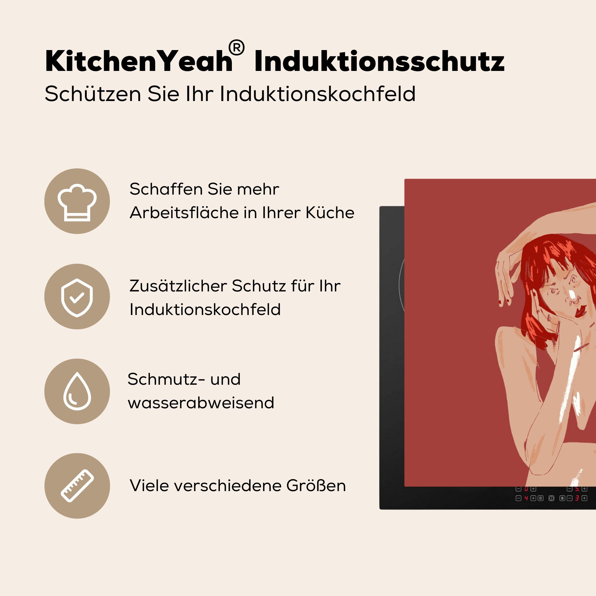 MuchoWow Herdblende-/Abdeckplatte Frau Porträt, (1 60x52 Vinyl, - Mobile - tlg), Arbeitsfläche Abstrakt - cm, nutzbar, Ceranfeldabdeckung Rot